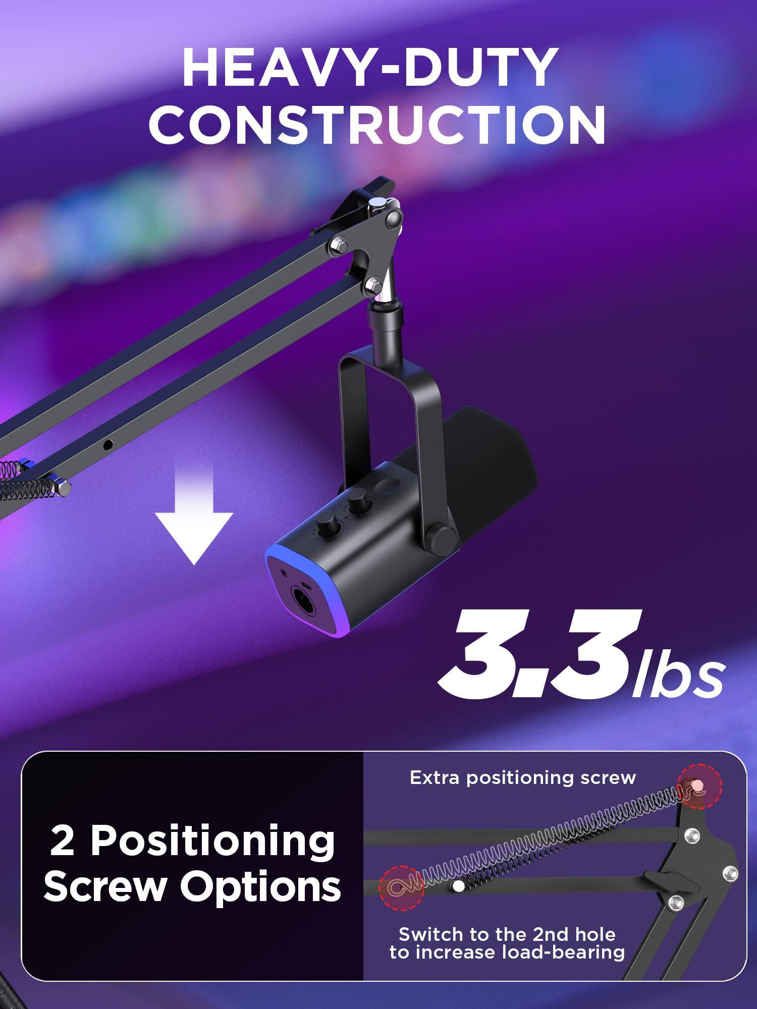 HEAVY-DUTY CONSTRUCTION

3.3 lbs

2 Positioning Screw Options

Extra positioning screw

Switch to the 2nd hole to increase load-bearing