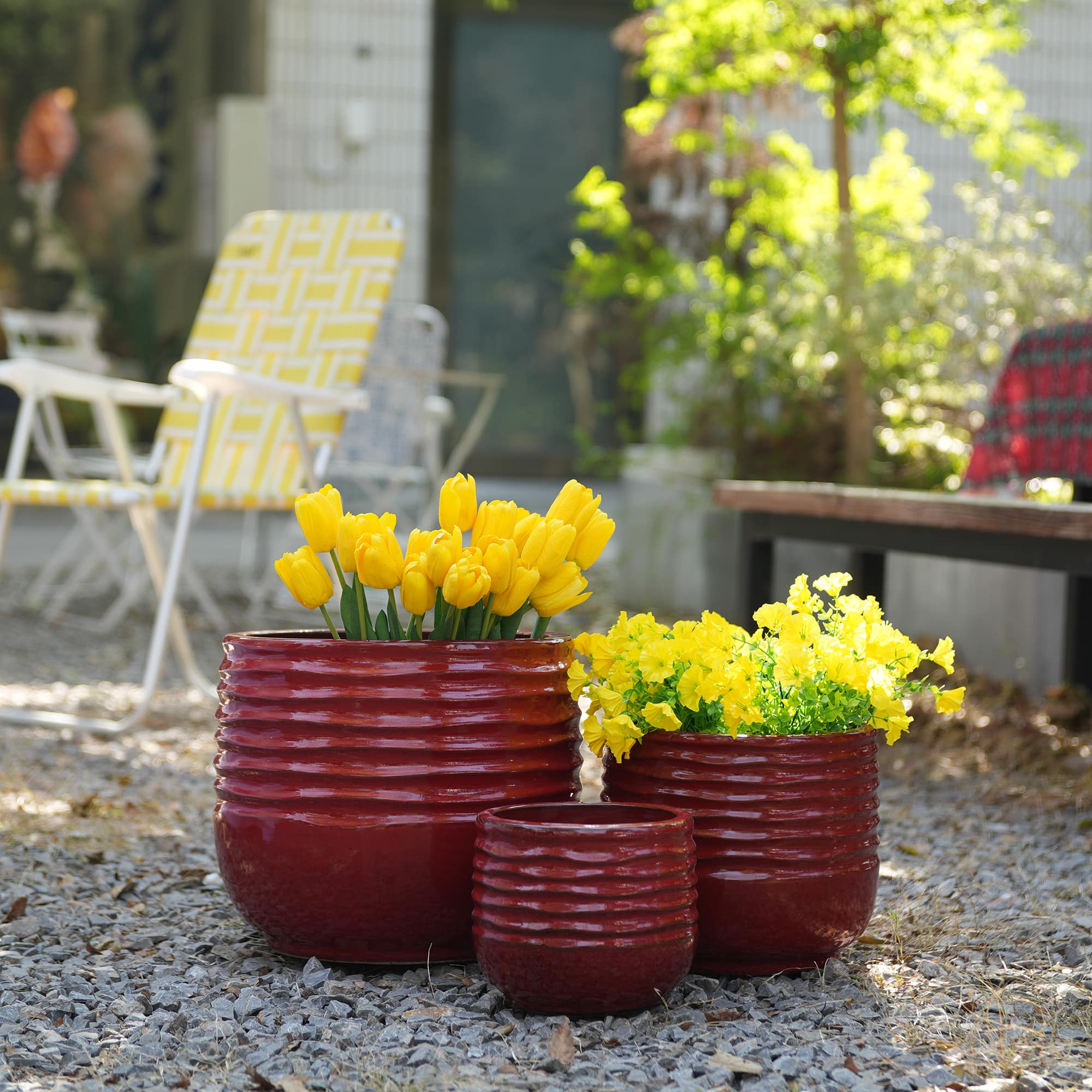 Loheer - Ceramic Planter Set of 3, Handmade Glazed Red Clay Flower Pots, 15 11 8 Inch Indoor Outdoor Planters