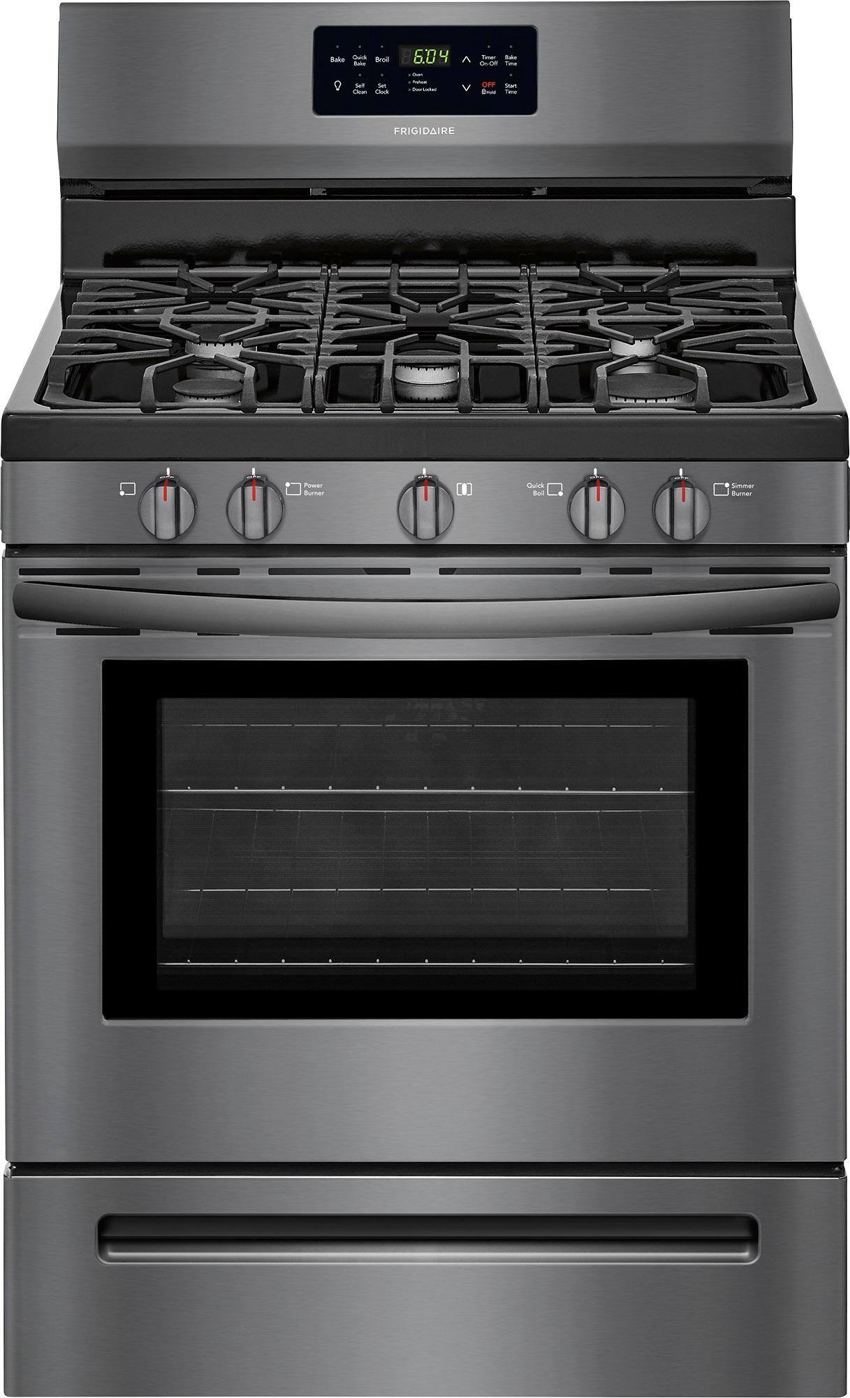 Front. Frigidaire - 5.0 Cu. Ft. Self-Cleaning Freestanding Gas Convection Range - Black stainless steel.