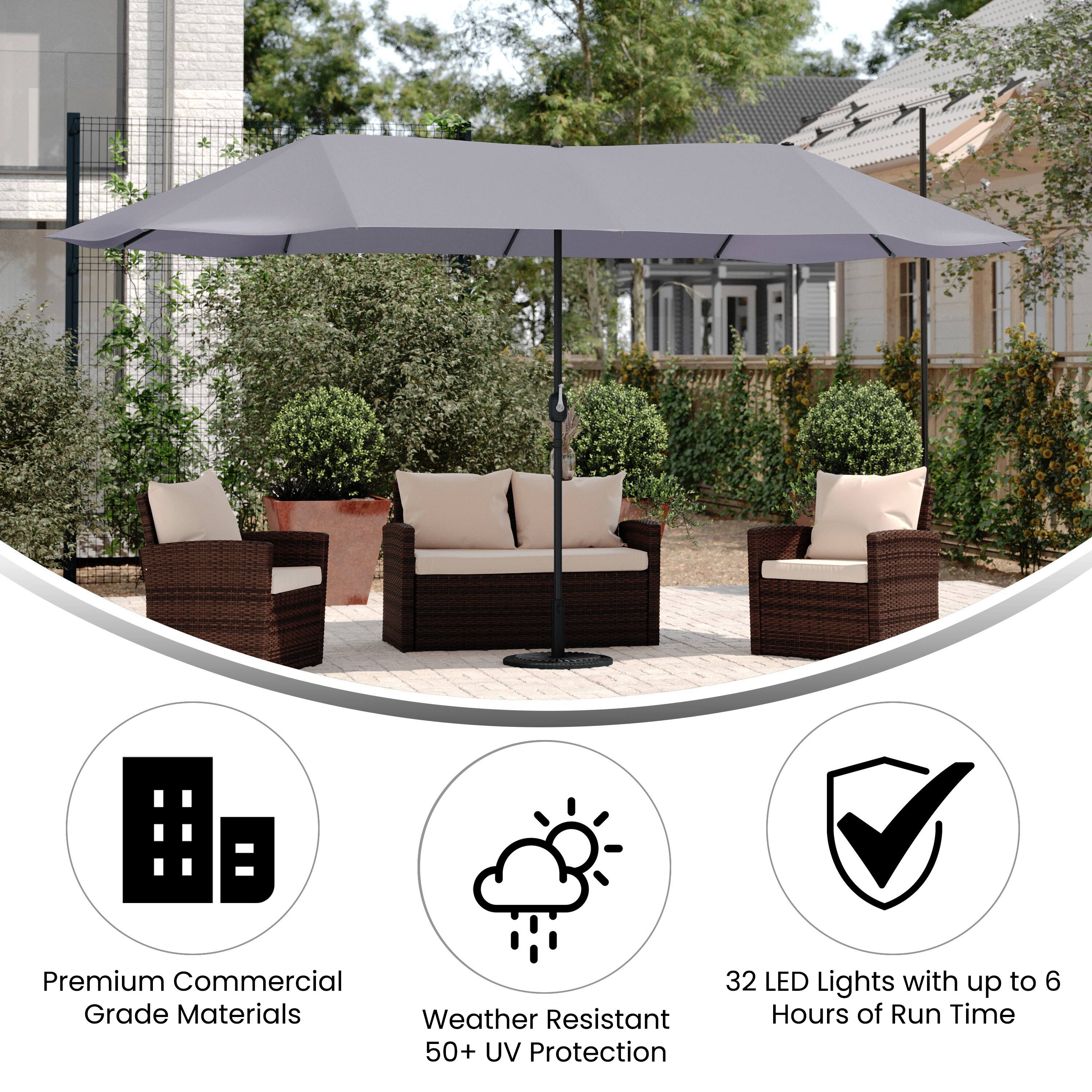 Premium Commercial Grade Materials  
Weather Resistant 50+ UV Protection  
32 LED Lights with up to 6 Hours of Run Time