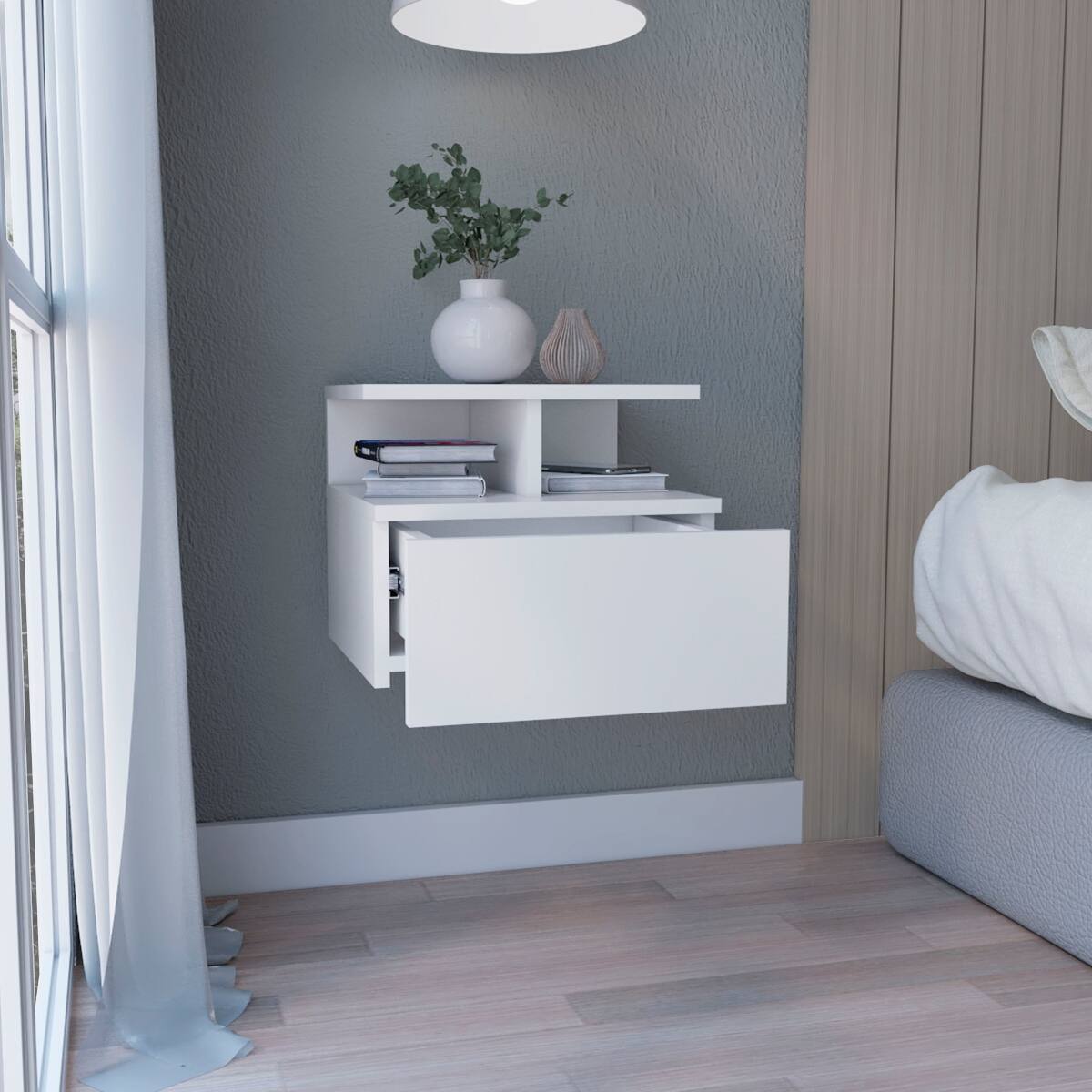Angle. Loheer - Loheer Floating Nightstand, White Wall Mounted Nightstand with Single Drawer and Two Tier Shelf - White.