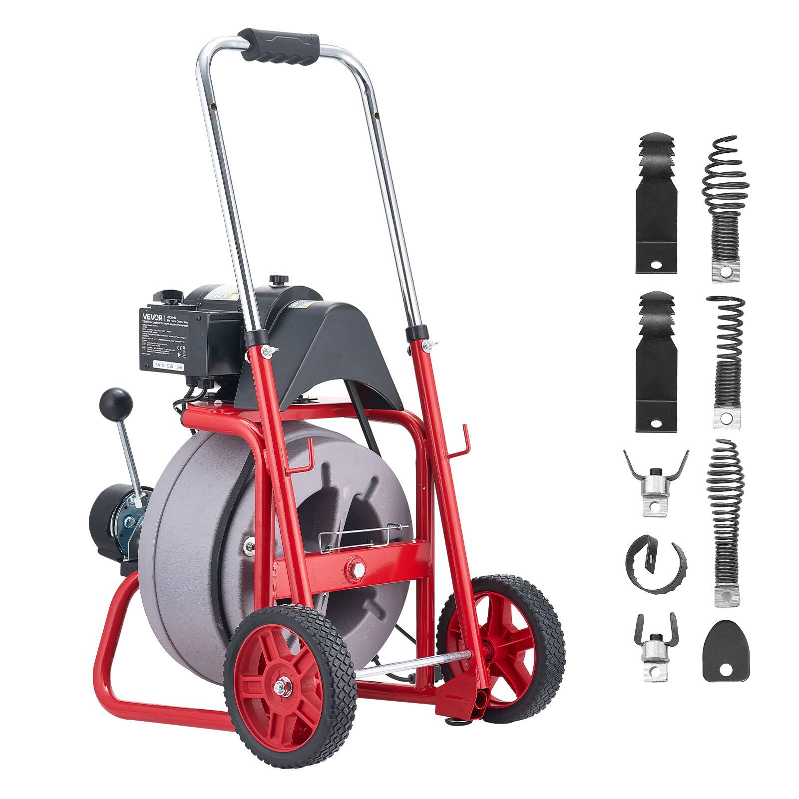Alt View 5. VEVOR - Drain Cleaner Machine 75 FT x 3/8 Inch, Auto Feed Sewer Snake Drain Auger on Wheels, Portable Drain Cleaning Machine - Red stand + gray drum.