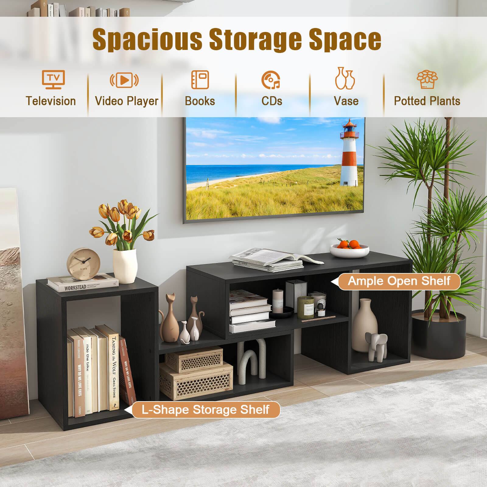 Spacious Storage Space TV Television Video Player Books CDs Vase Potted Plants Ample Open Shelf I-Shape Storage Shelf