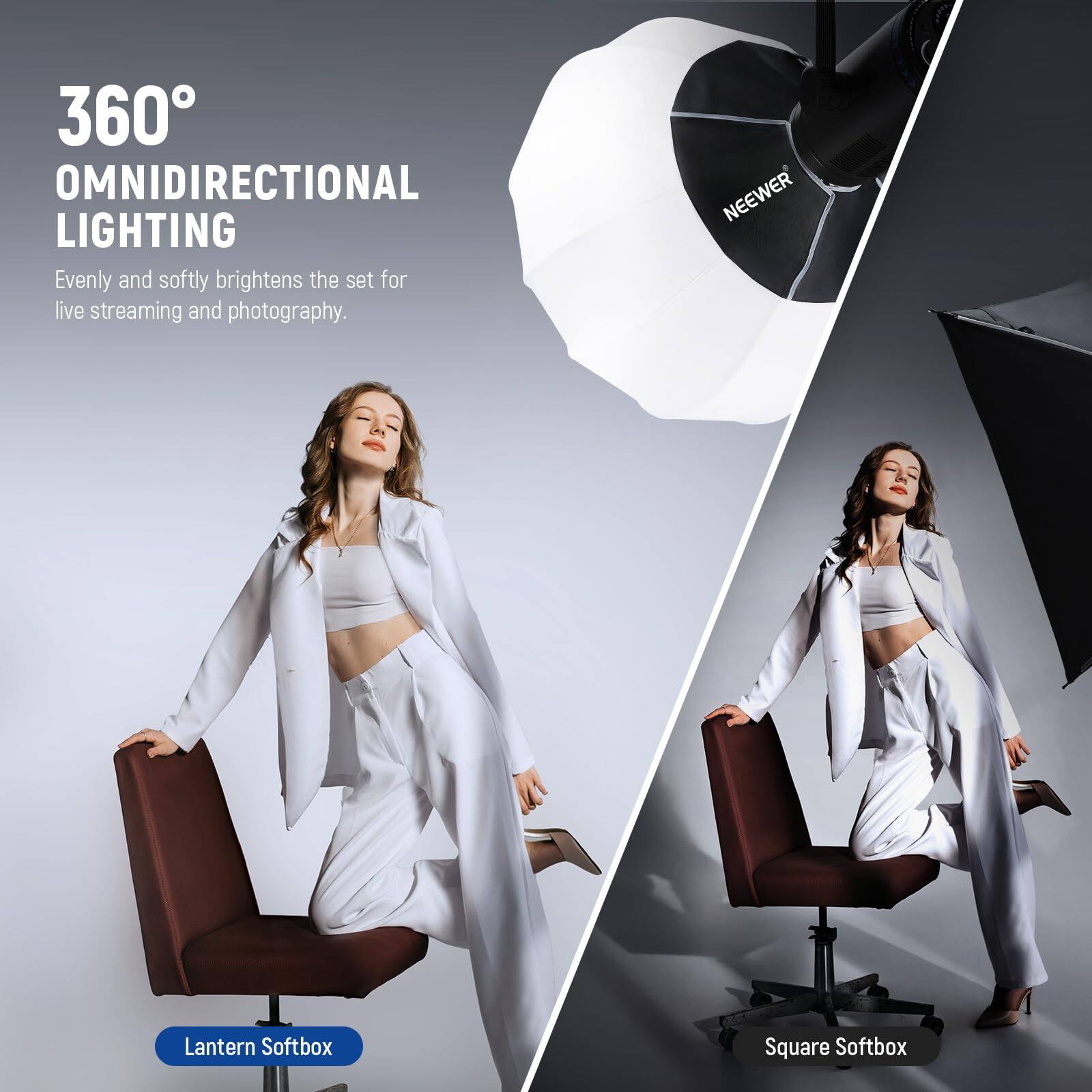 360° OMNIDIRECTIONAL LIGHTING  
Evenly and softly brightens the set for live streaming and photography.  

NEEWER Lantern Softbox  
Square Softbox