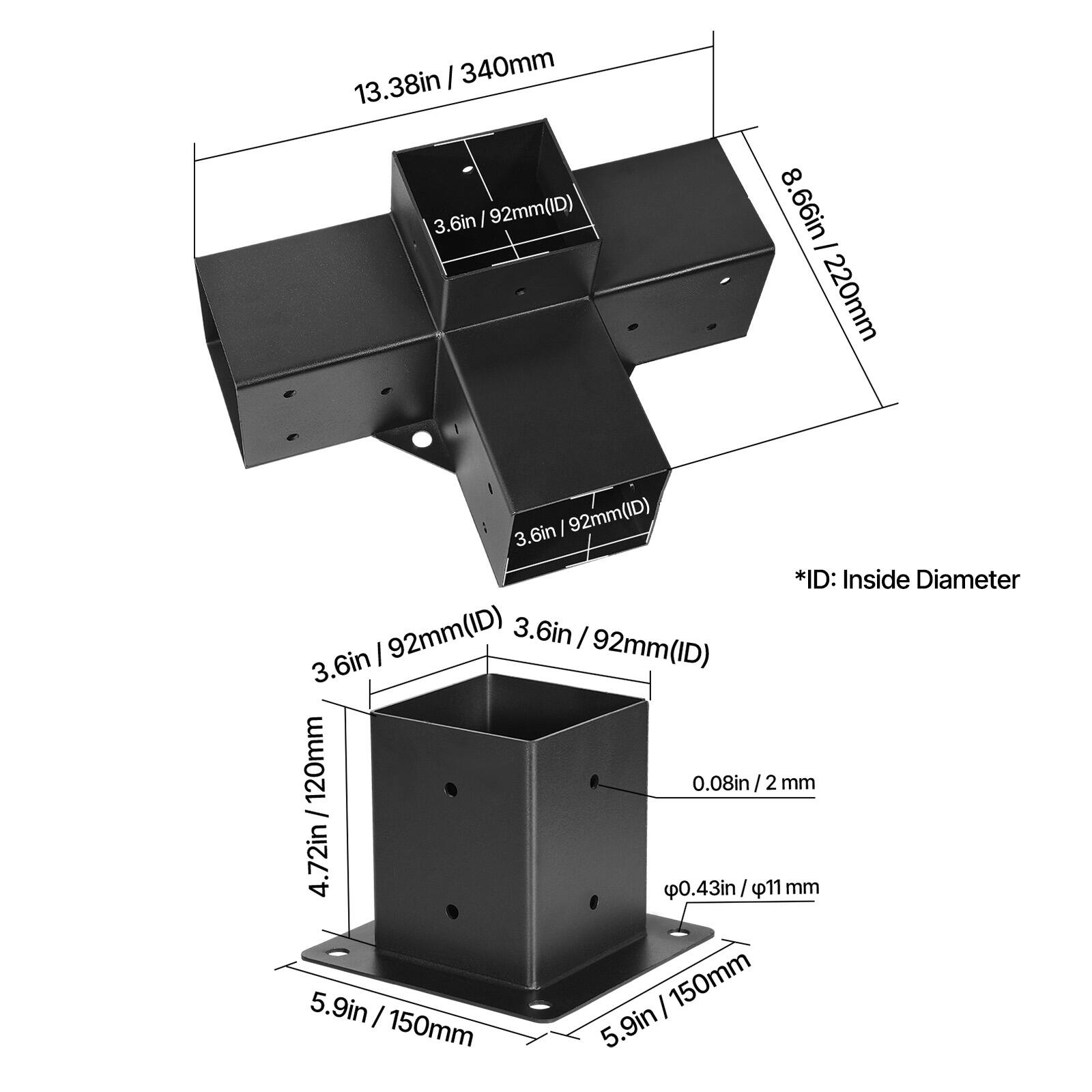 - 13.38in / 340mm
- 3.6in / 92mm (ID)
- 8.66in / 220mm
- 3.6in / 92mm (ID)
- 120mm
- 0.08in / 2mm
- 4.72in / 11mm
- 0.43in / 11mm
- 5.9in / 150mm
- 5.9in / 150mm

*ID: Inside Diameter