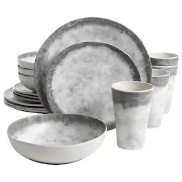 Gibson - Home Granite 16 Piece Round Melamine Plate, Bowl, & Cup Dinnerware Set - Marble