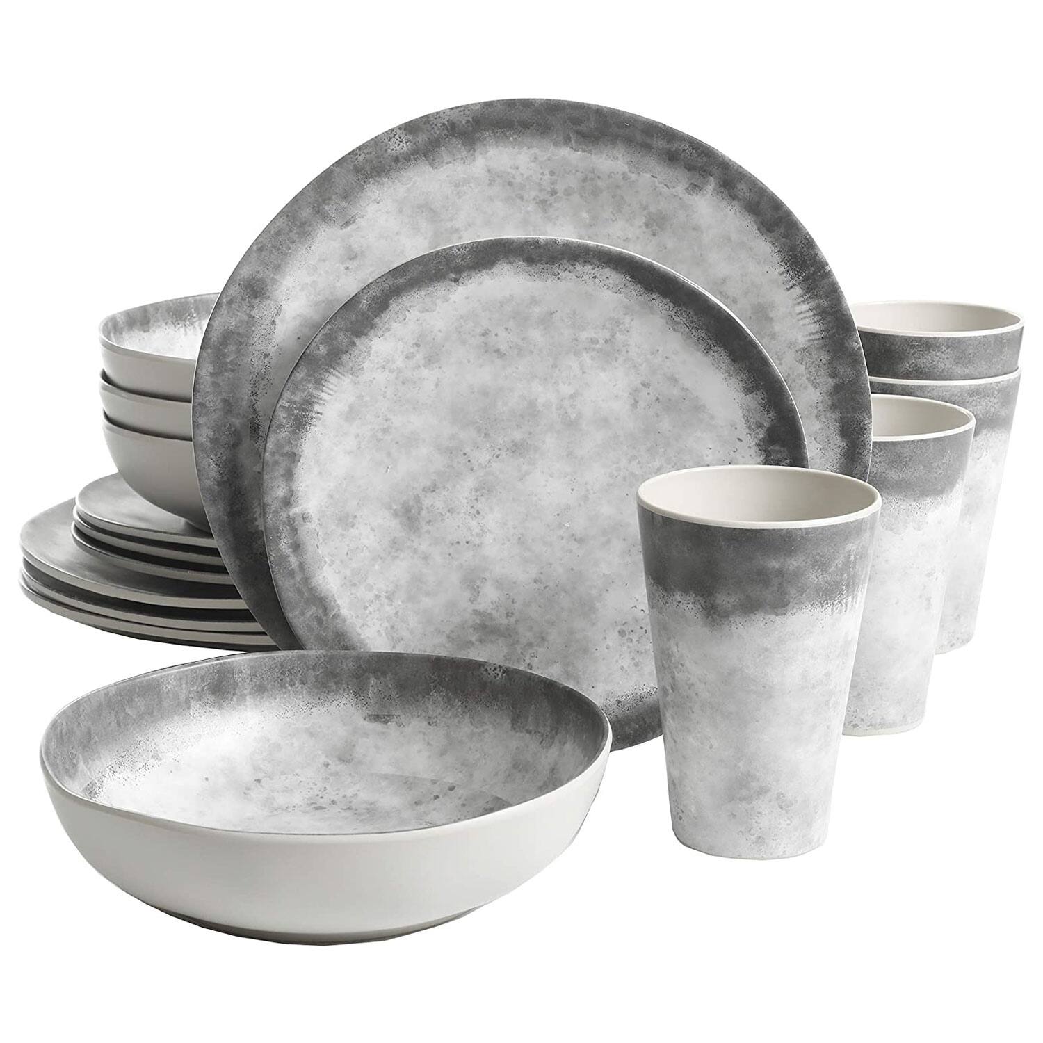 Gibson - Home Granite 16 Piece Round Melamine Plate, Bowl, & Cup Dinnerware Set - Marble