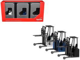 Forklifts with Trailer Bumper 3 Piece Set 1/87 (HO) Plastic Models by Promotex - White, Blue, and Black.