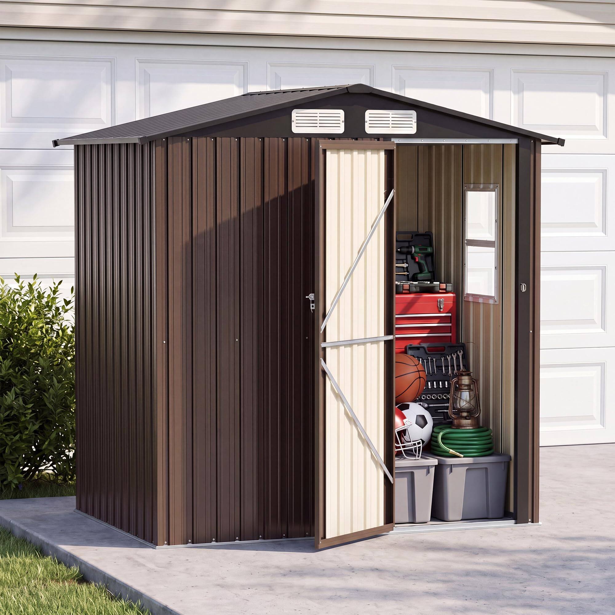 Angle. LAUSAINT HOME - 6x4 FT Galvanized Steel Shed with Windows Lockable Doors  Gable Roof and Vent for Backyard Patio - Brown.