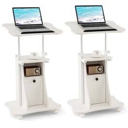 Costway - 2 PCS Mobile Podium Stand Office Laptop Cart with Storage Adjustable Height - White