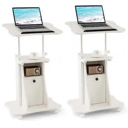 Front. Costway - Costway 2 PCS Mobile Podium Stand Office Laptop Cart with Storage Adjustable Height - White.