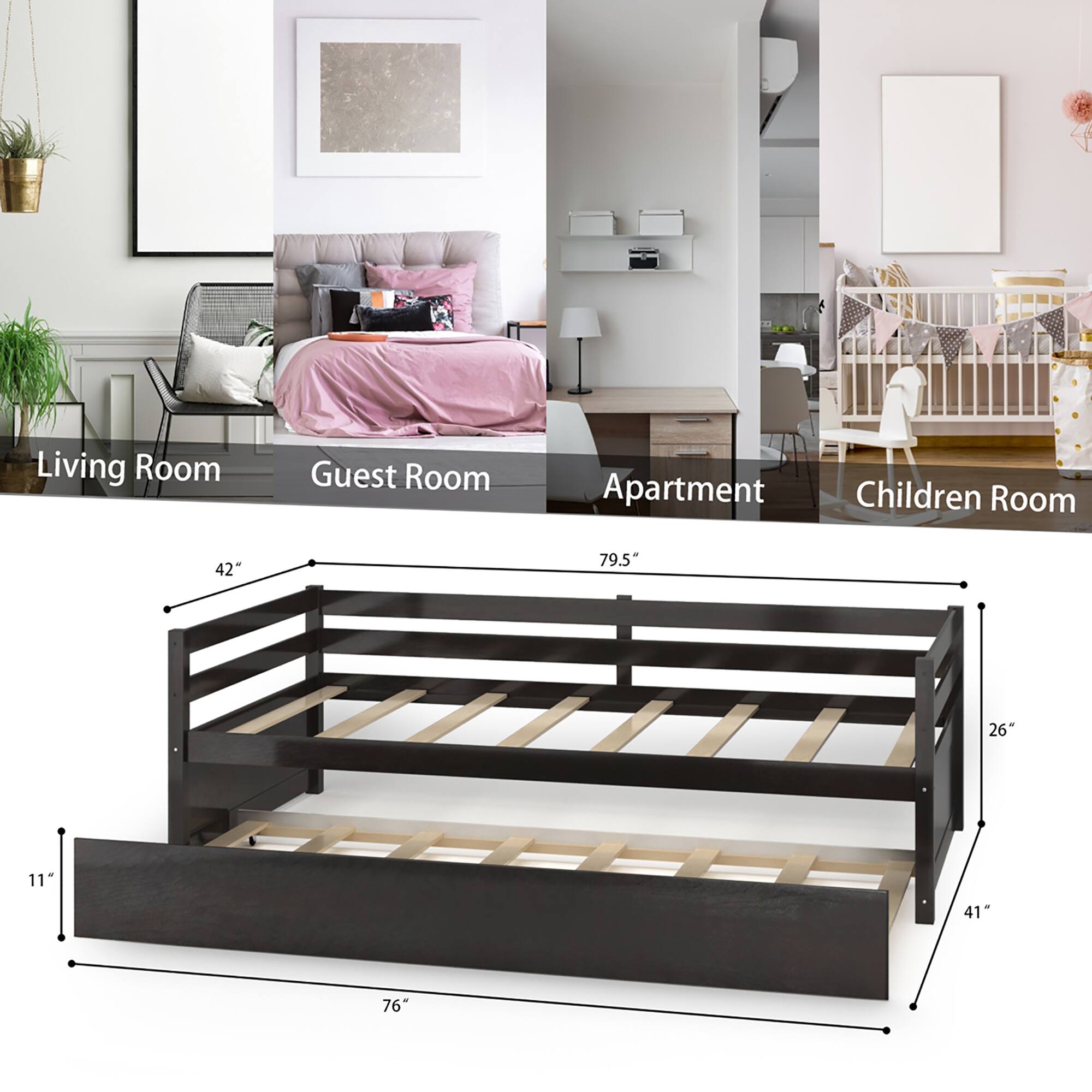 Alt View 2. Costway - Costway Twin Size Trundle Daybed Wooden Slat Support Mattress Platform - Espresso.