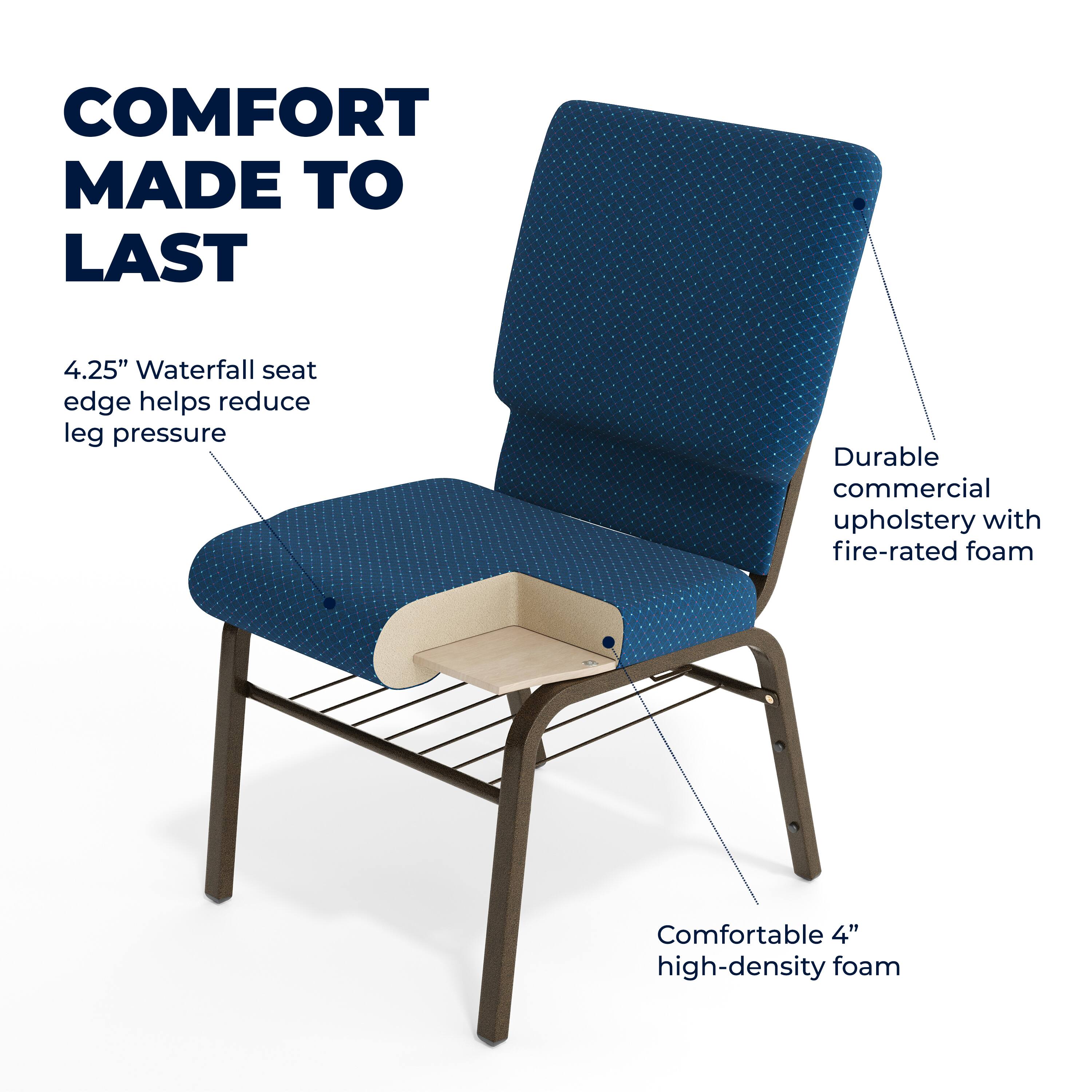 COMFORT MADE TO LAST

4.25" Waterfall seat edge helps reduce leg pressure

Durable commercial upholstery with fire-rated foam

Comfortable 4" high-density foam