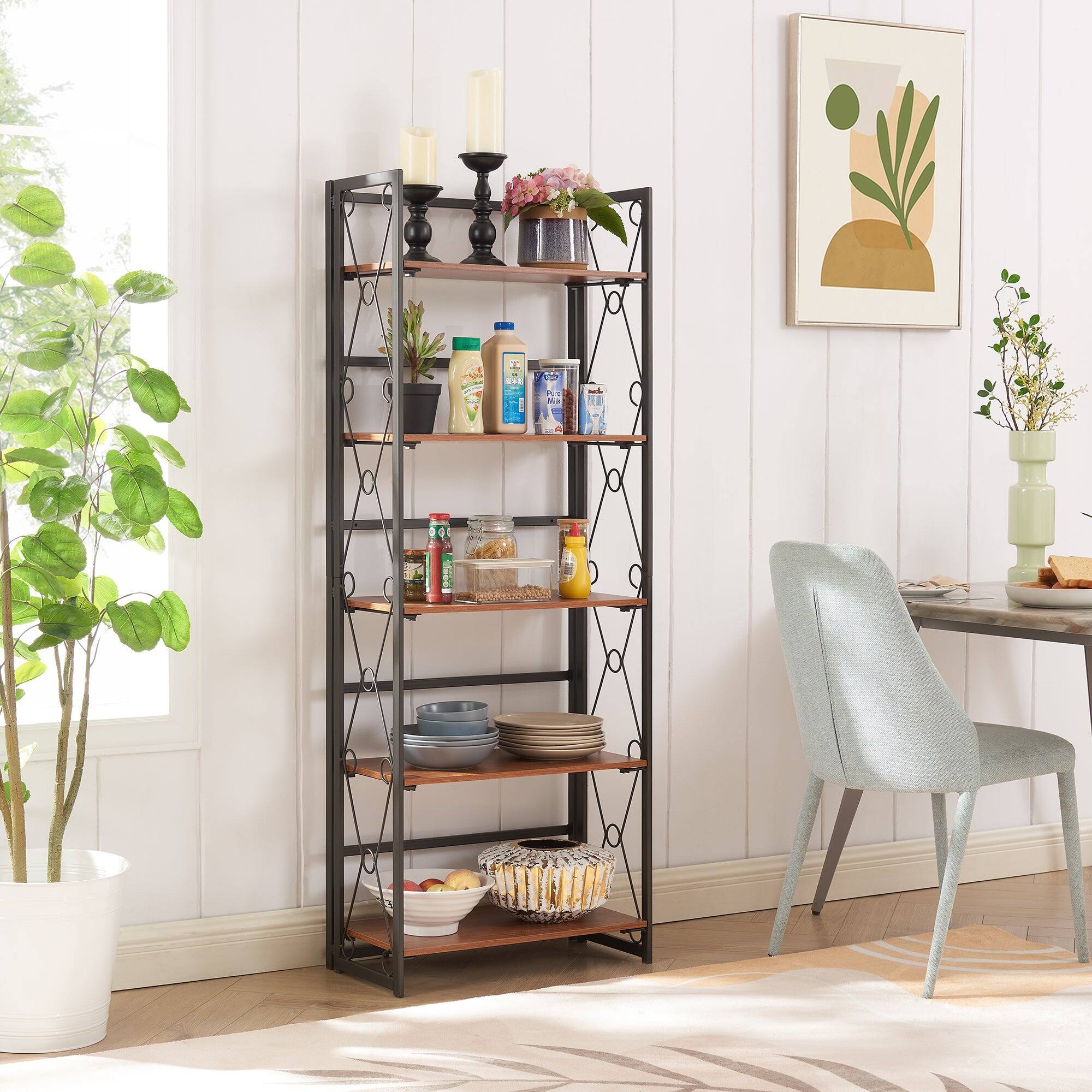 Alt View 3. Vecelo - 5-Tier No Assembly Folding Bookshelf - Sturdy Metal Frame, Display Stand Shelves, Space-Saving Storage for Home & Office - Rustic Brown.