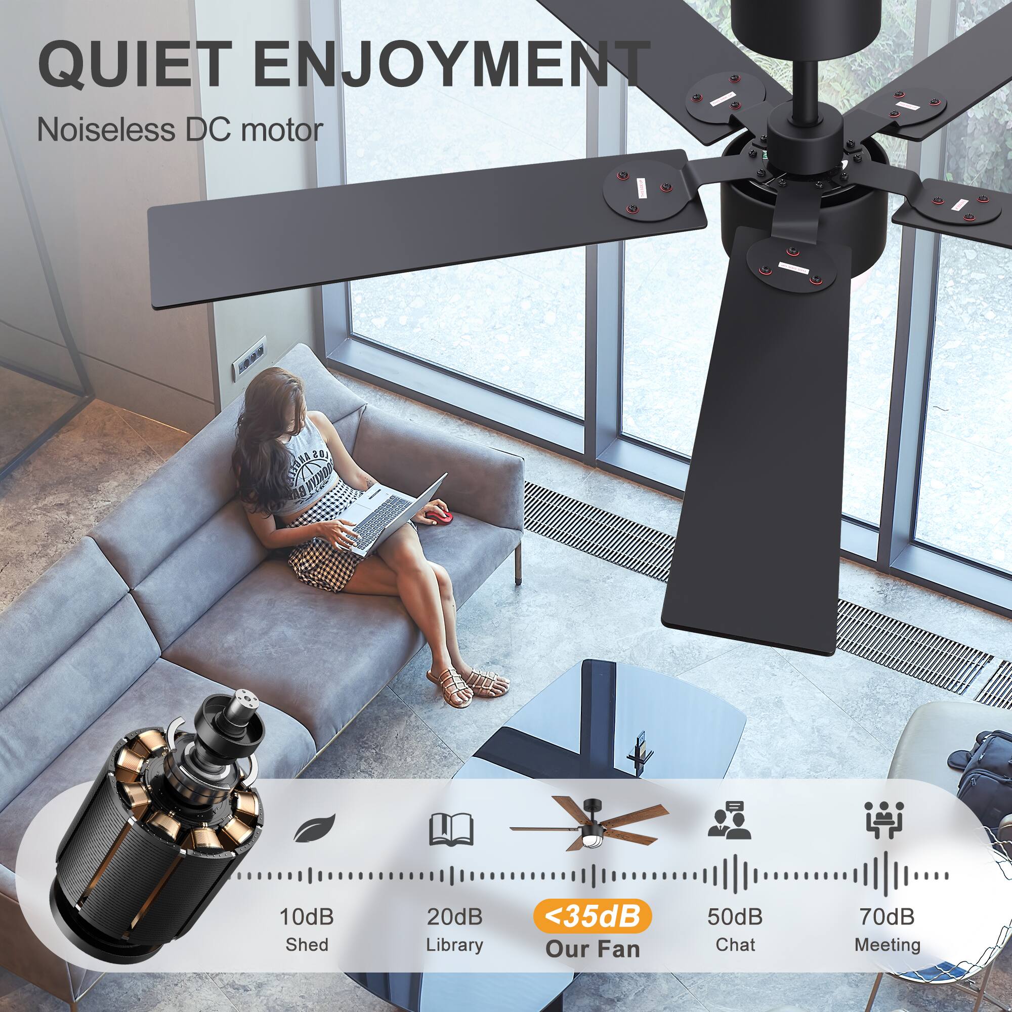 QUIET ENJOYMENT  
Noiseless DC motor  

10dB Shed  
20dB Library  
<35dB Our Fan  
50dB Chat  
70dB Meeting