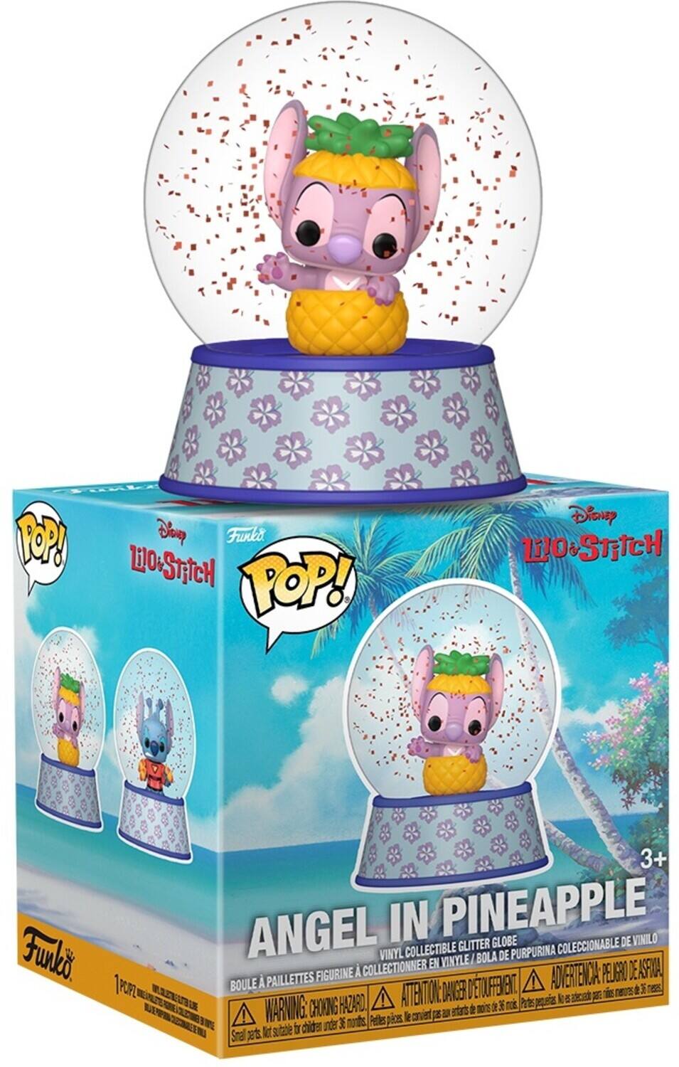 THUNLE TOP! Disney Lil0 & STiTCH Funko POP! Disney Lil0 & STiTCH Funko 1PuP2 3+ ANGEL IN PINEAPPLE VINILO GLITTER GLOBE COLECCIONABLE DE VINYL COLLECTIBLE I BOLA DE PURPURINA COLLECTIONNER EN VINYLE PAILLETTES FIGURINE  
ADVERTENCIA: PEUGRO DE ASFROA BOULE  
WARNING: CHOKING HAZARD 2 moins de 36 no Pates ! le convient (S a3 entarts under 36 nuts Petles pces Not sutabie fr chiden Smral pats