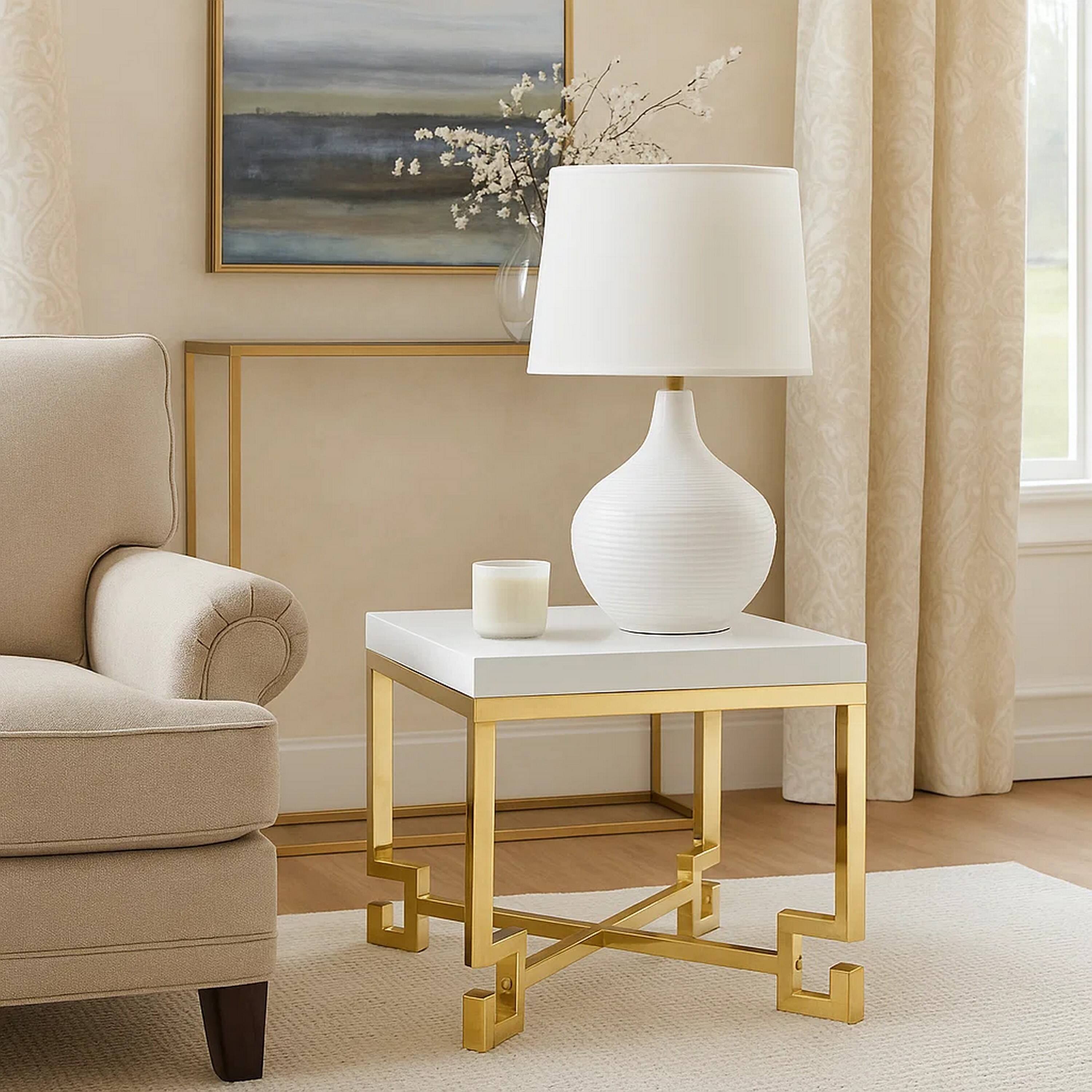 Alt View 2. Manhattan Lane - Wooden Square Side Table with Designer Metal Feet and X Crossed Support - White and Gold.