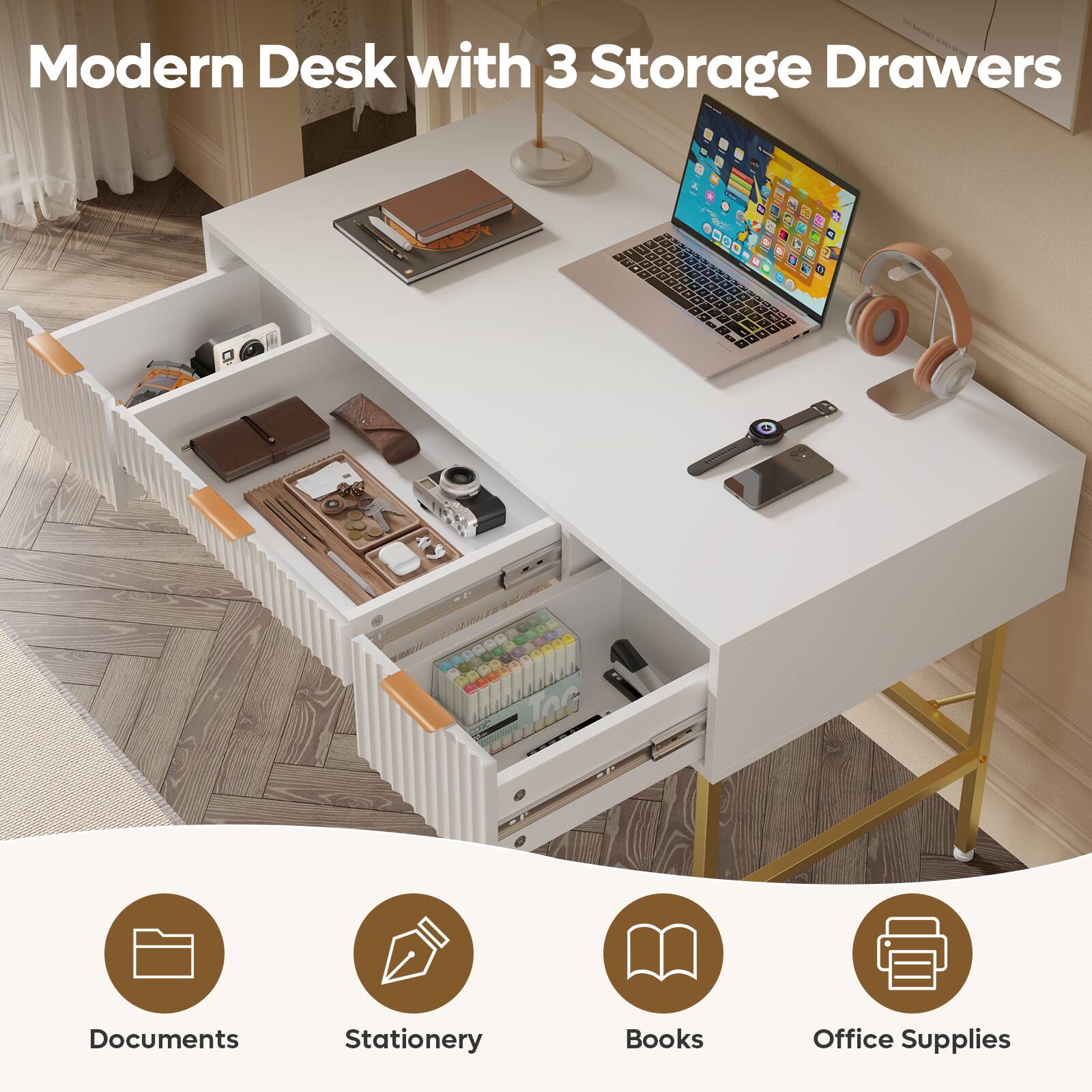 Modern Desk with 3 Storage Drawers: Documents, Stationery, Books, Office Supplies