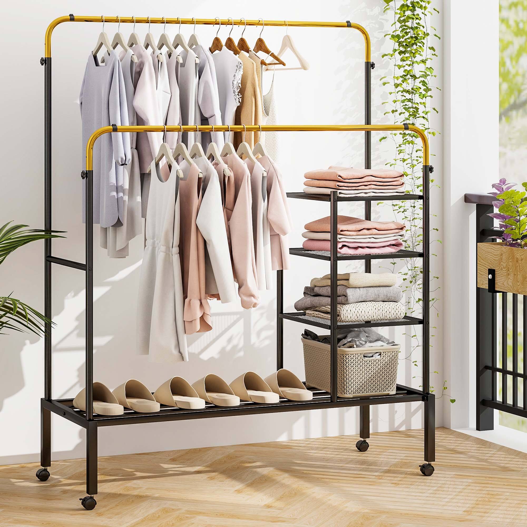 Alt View 3. Costway - Costway Rolling Clothes Drying Rack Double Rods Garment Rack with Height Adjustables Gold - Gold.