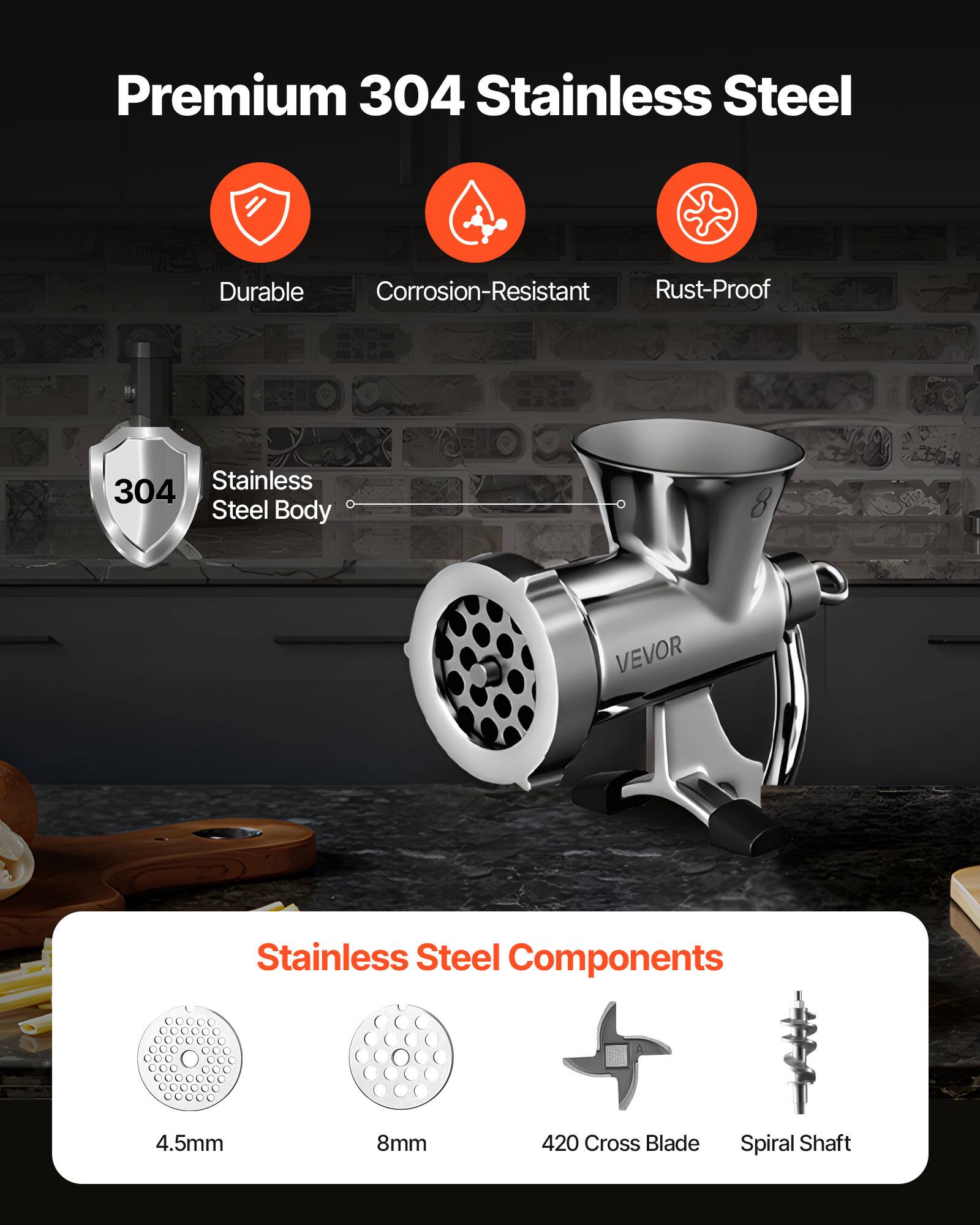 Premium 304 Stainless Steel

- Durable
- Corrosion-Resistant
- Rust-Proof

304 Stainless Steel Body

Stainless Steel Components

- 4.5mm
- 8mm
- 420 Cross Blade
- Spiral Shaft