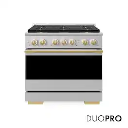 ZLINE - Autograph 36 in. 5.2 cu. ft. Marino Freestanding Manual Clean DuoPro Gas Range with Convection Oven & Gold Accents - Stainless Steel