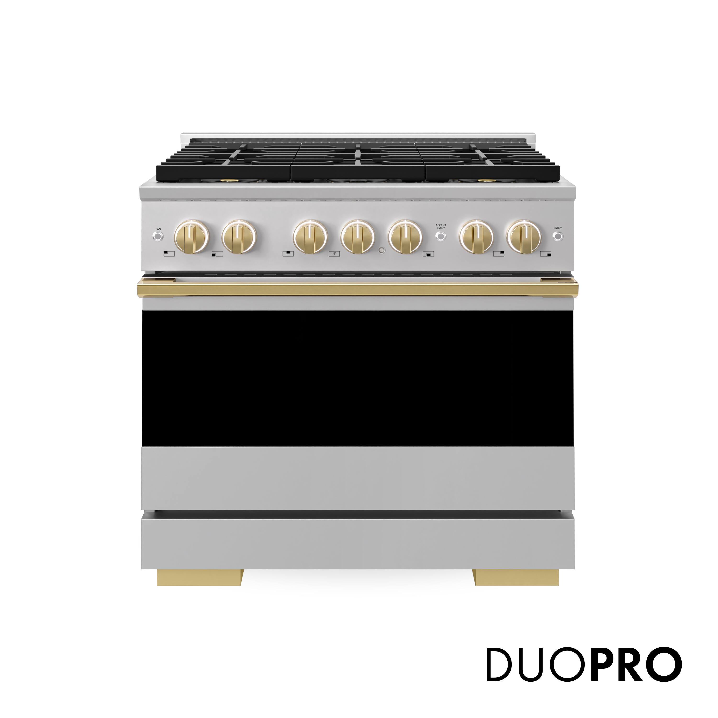Front. ZLINE - Autograph 36 in. 5.2 cu. ft. Marino Freestanding Manual Clean DuoPro Gas Range with Convection Oven & Gold Accents - Stainless Steel.