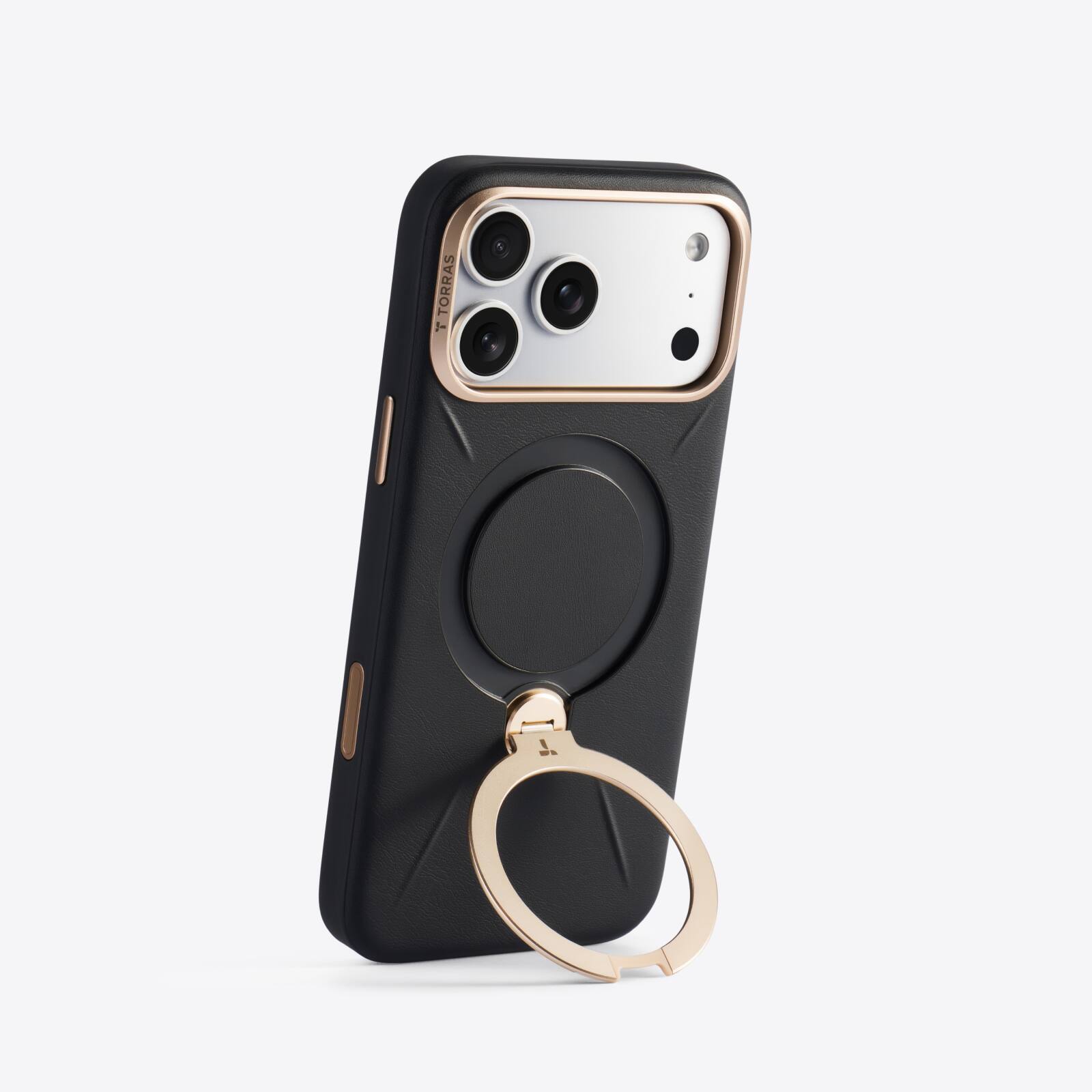 Angle. TORRAS - TORRAS Ostand Q3 Vegan Leather iPhone 17 Pro Max Case: 360° Magnetic Stand, Organic Leather - Midnight Black - Midnight Black.