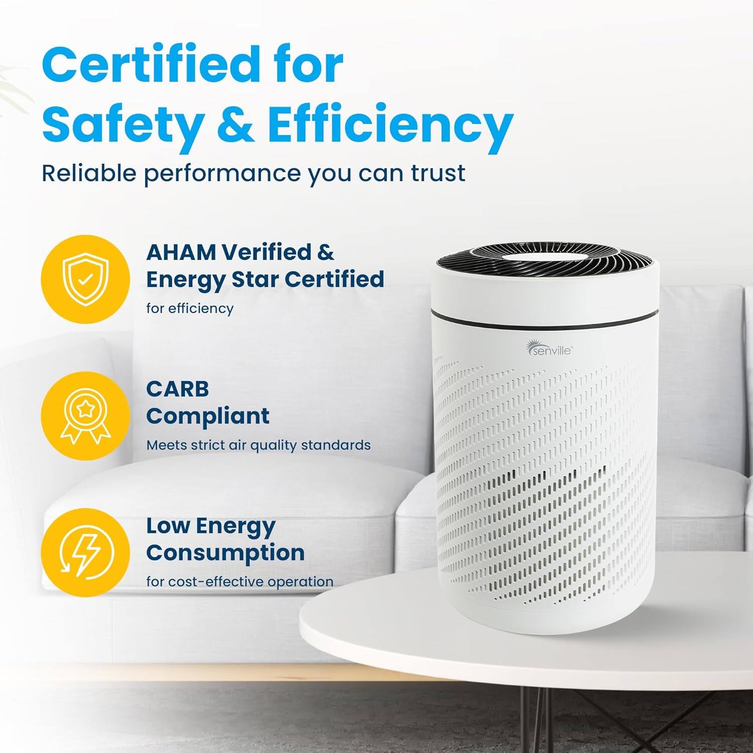 Certified for Safety & Efficiency  
Reliable performance you can trust  

AHAM Verified & Energy Star Certified for efficiency  
CARB Compliant  
Meets strict air quality standards  
Low Energy Consumption for cost-effective operation