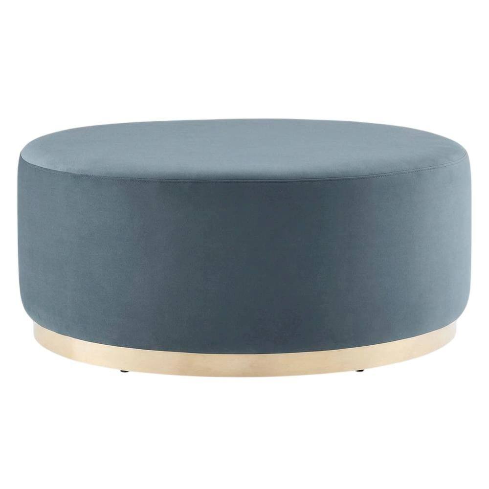 Back. Outdoor Escape - Round Velvet Outdoor Ottoman With Upholstered Top For Lounge Area - Blue.
