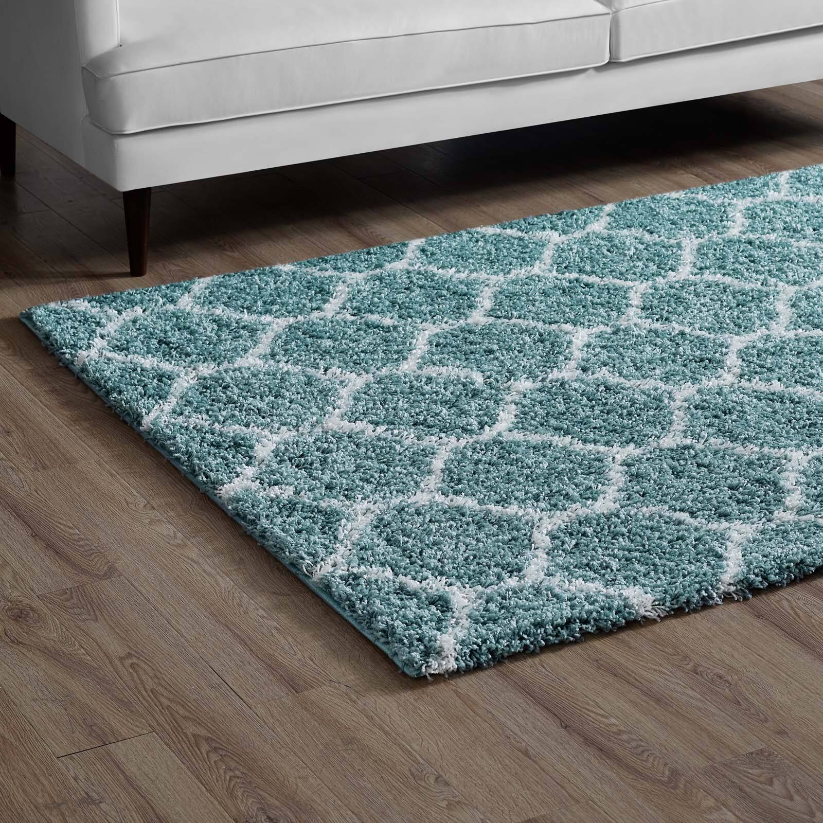 Left. Modway - Solvea Moroccan Trellis Shag Area Rug - Aqua Blue and Ivory.