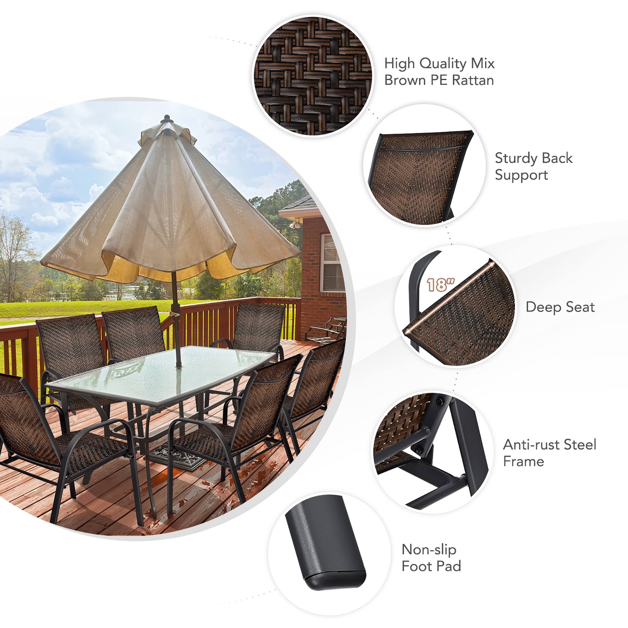 - High Quality Mix Brown PE Rattan
- Sturdy Back Support
- 18" Deep Seat
- Anti-rust Steel Frame
- Non-slip Foot Pad