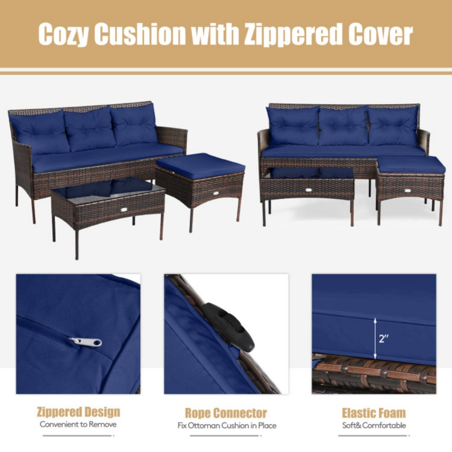 Cozy Cushion with Zippered Cover

- Zippered Design: Convenient to Remove
- Rope Connector: Fix Ottoman Cushion in Place
- Elastic Foam: Soft & Comfortable