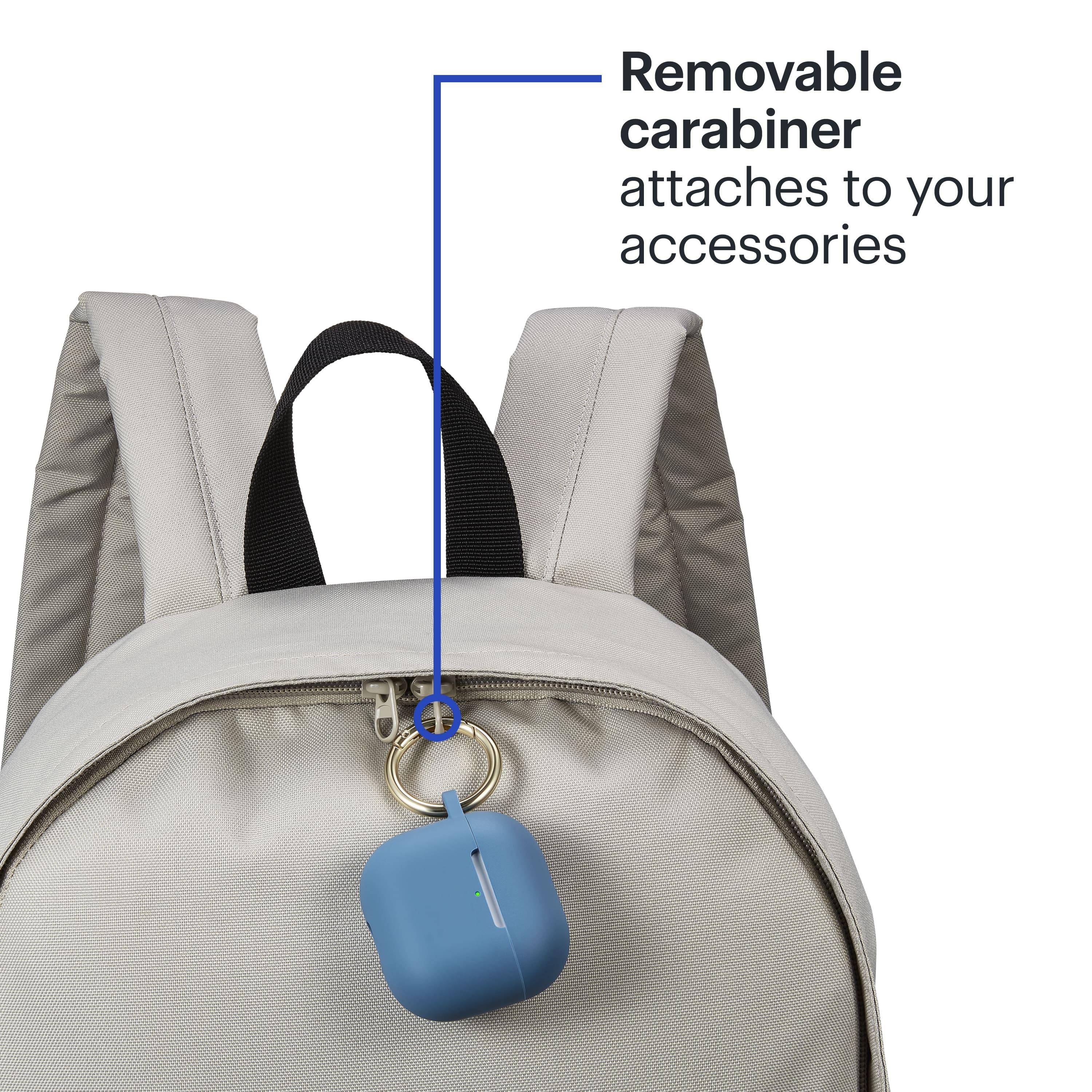 The text on the image reads: "Removable carabiner attaches to your accessories."