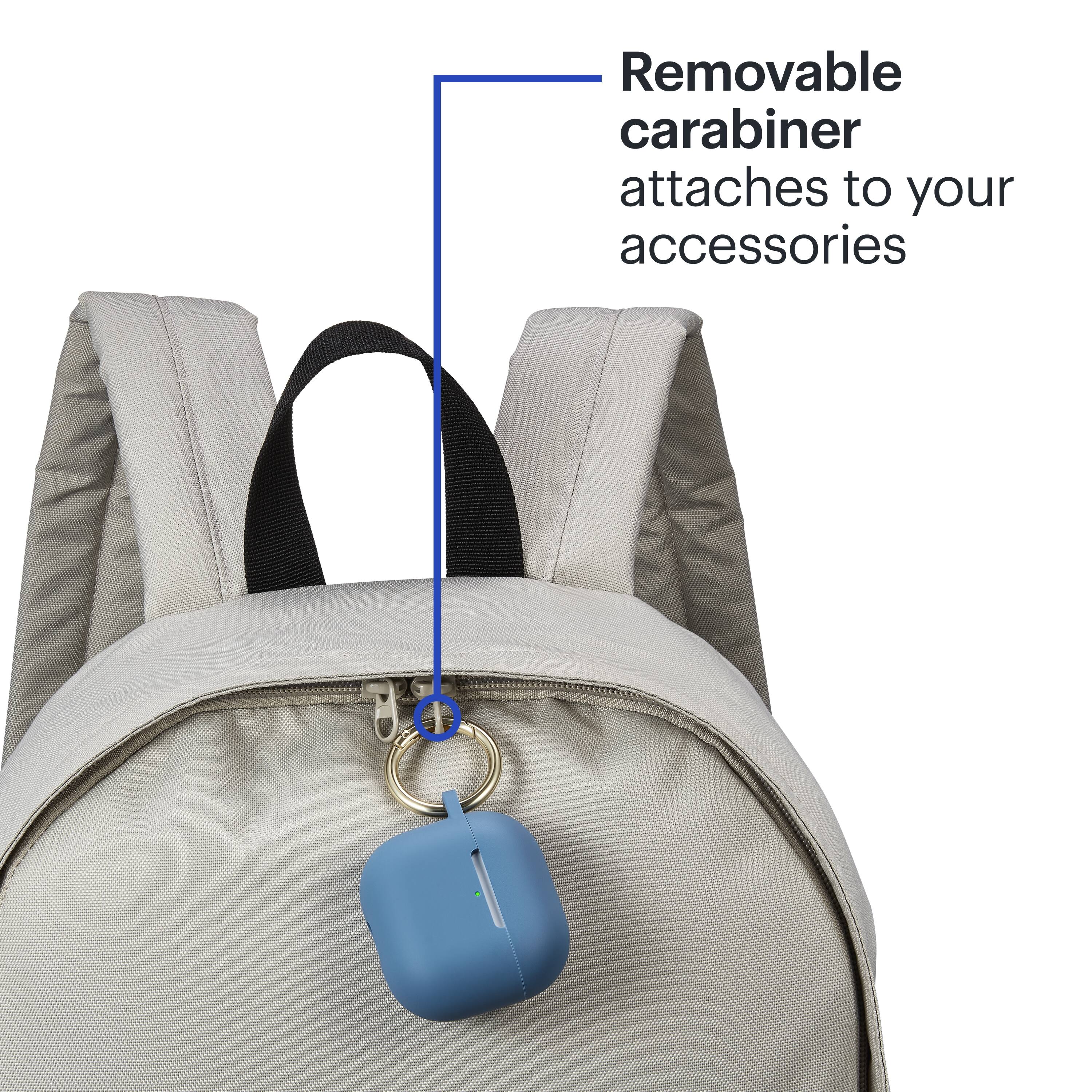 The text on the image reads: "Removable carabiner attaches to your accessories."