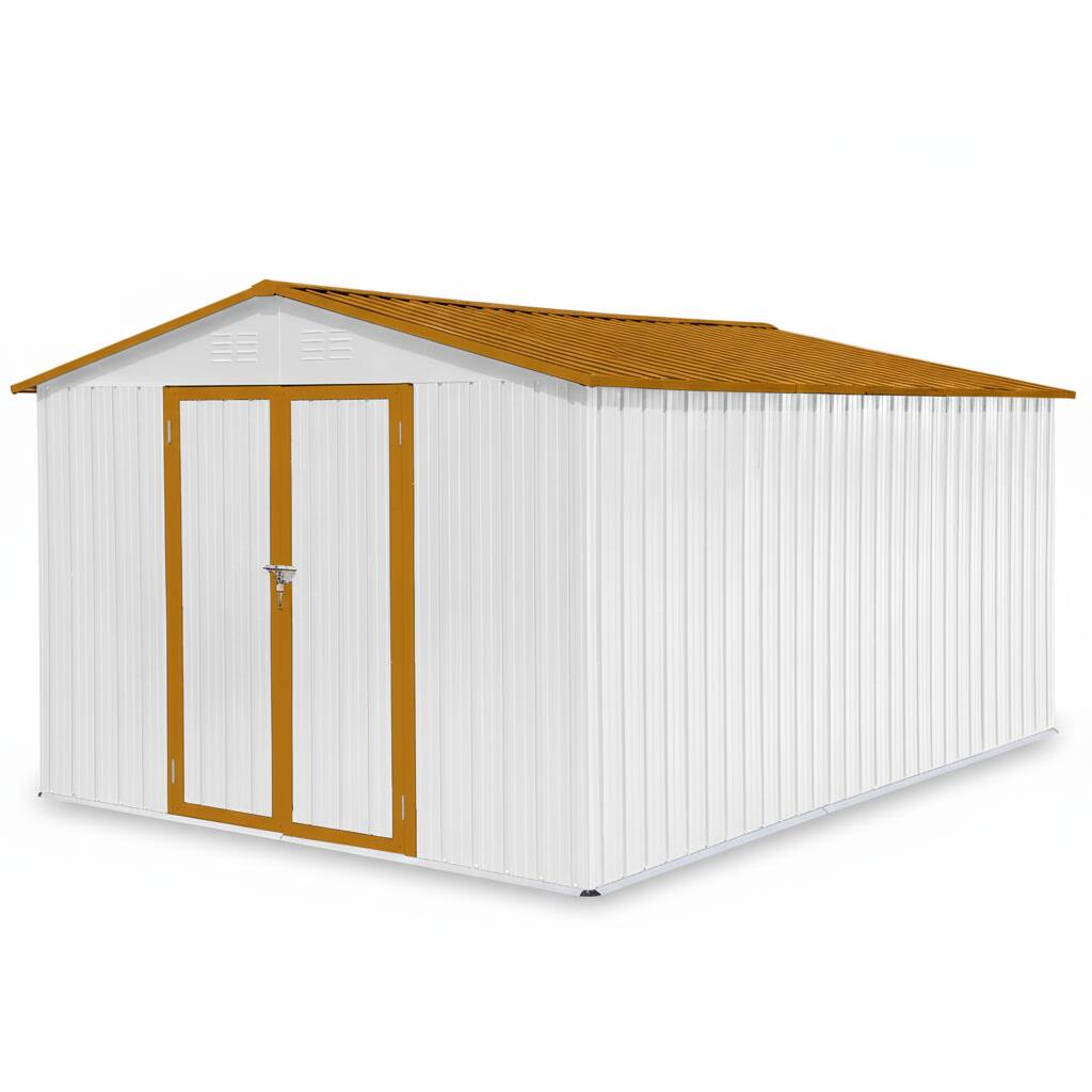Alt View 4. Anysun - 10x12ft Metal Garden Shed with Apex Roof, Hinged Door & Integrated Vents, Heavy-Duty Outdoor Storage with Padlock - White+Yellow.