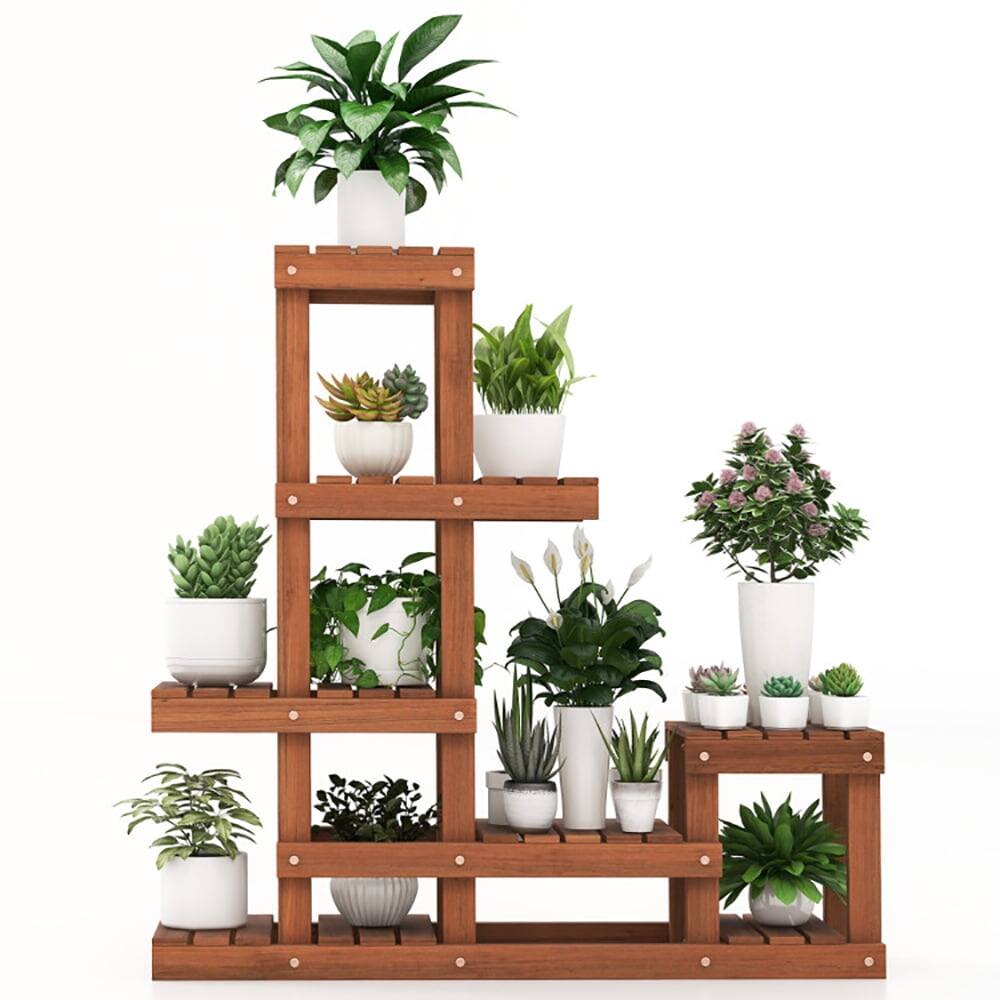 Angle. Kadyn - Raised Planter Stand, Large Space Flower Rack Shelf,6 Tier Wood Plant Stand with High Low Structure.
