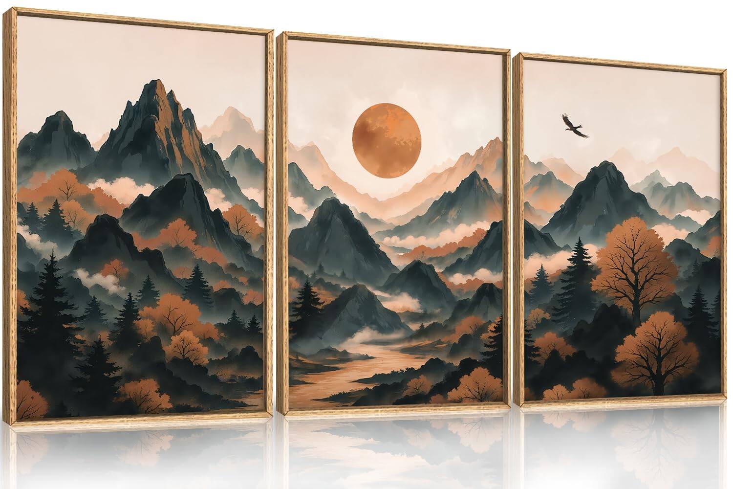 Hirose Alice - Celestdeco Blue and Gold Framed Canvas Wall Art Set Mid-century Modern Abstract Wall Decor Navy Blue Ink Wash - brown ridge landscape 36"L x 24"W