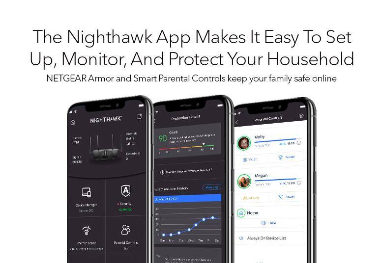 The Nighthawk App Makes It Easy To Set Up, Monitor, And Protect Your Household  
NETGEAR Armor and Smart Parental Controls keep your family safe online  

Nighthawk Protection Details  
Parental Controls  
1 AT&T On  
90 Molly K2C: Sca  
10471 e.S Megan A Secu  
b sclirtacr rcte:: n I Lee Hister, 126-33 CE 22 3 al 0-r4S T Sosut Home S1C 6CD  
a1 N AO N 10 12 Soee BS Pa vetal Contro 5 On Sad Aloays  
Device .ist
