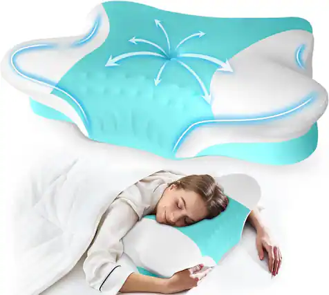 Front. FINEAK - Ergonomic Memory Foam Neck Pillow for Pain Relief & Support - Green.