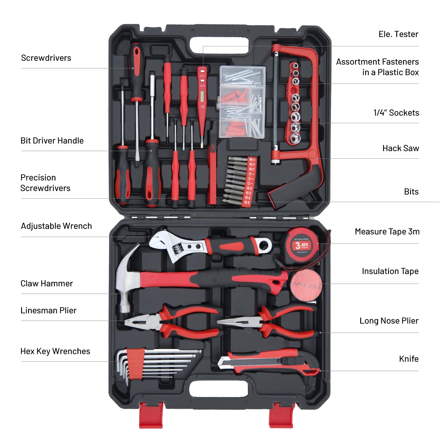 Sure, here is the corrected and grouped text from the image:

- Screwdrivers
- Bit Driver Handle
- Precision Screwdrivers
- Adjustable Wrench
- Claw Hammer
- Linesman Plier
- Hex Key Wrenches
- Ele. Tester
- Assortment Fasteners in a Plastic Box
- 1/4" Sockets
- Hack Saw
- Bits
- Measure Tape 3m
- Insulation Tape
- Long Nose Plier
- Knife