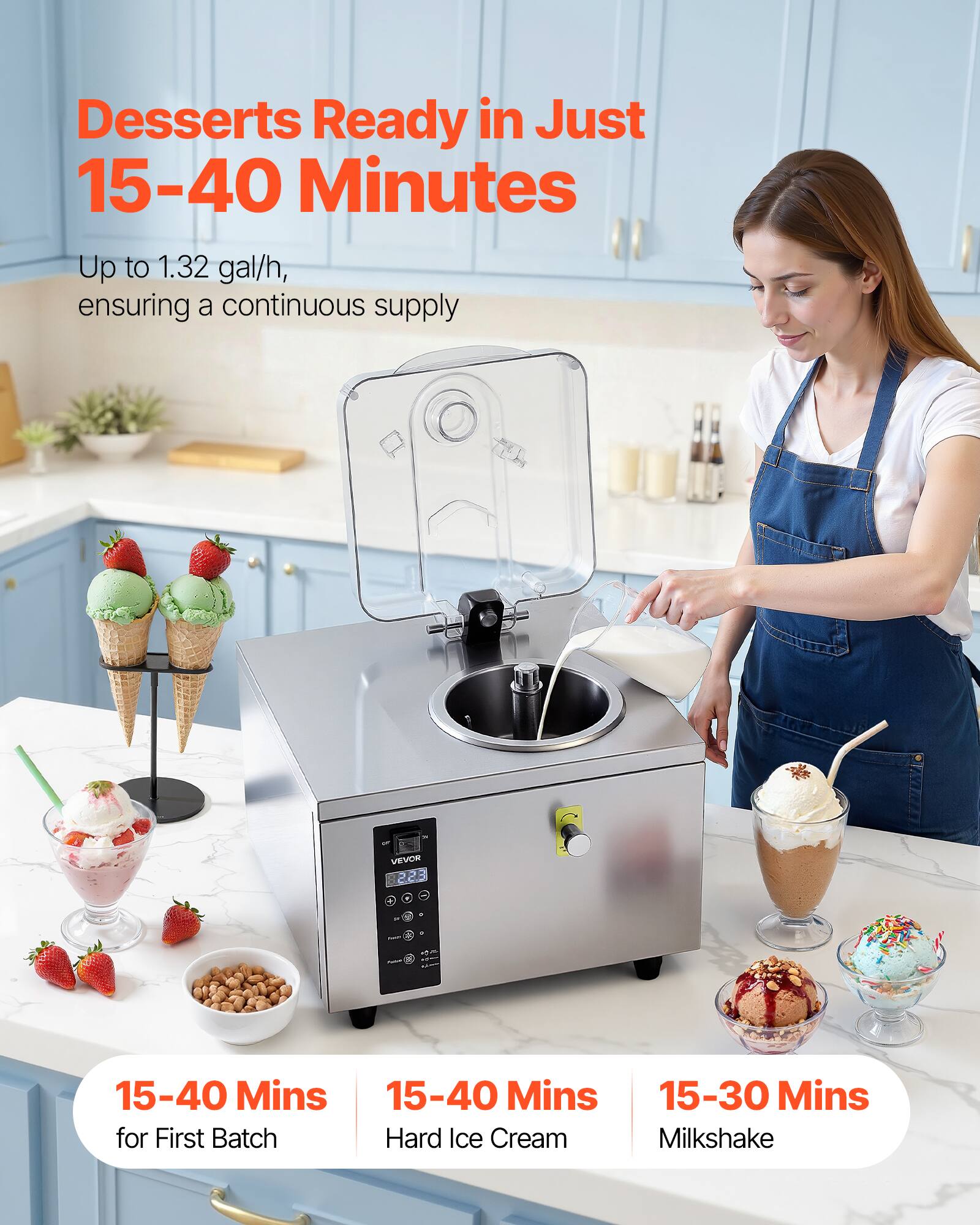 Desserts Ready in Just 15-40 Minutes  
Up to 1.32 gal/h, ensuring a continuous supply

15-40 Mins for First Batch  
15-40 Mins Hard Ice Cream  
15-30 Mins Milkshake