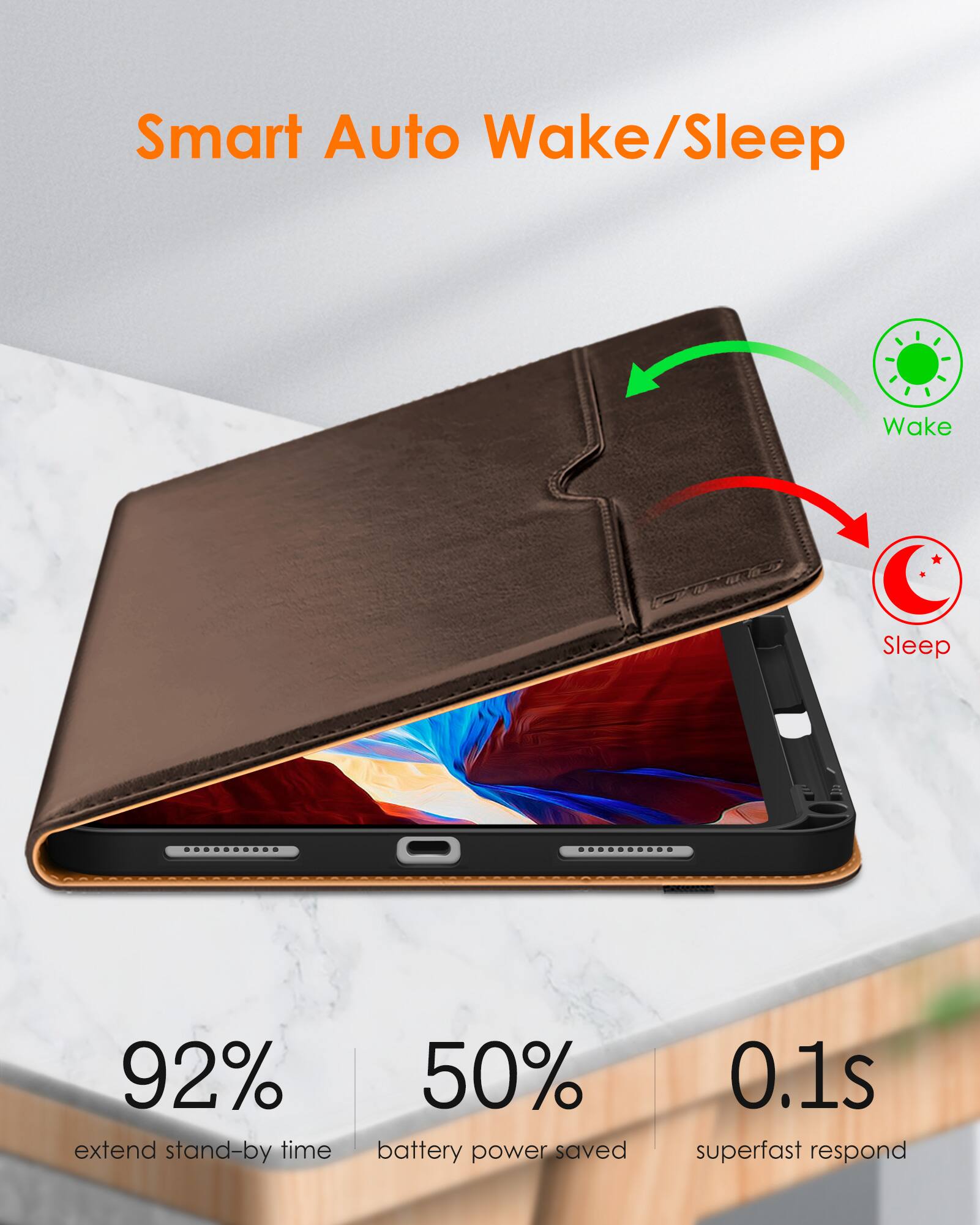 Smart Auto Wake/Sleep

- 92% extend stand-by time
- 50% battery power saved
- 0.1s superfast respond