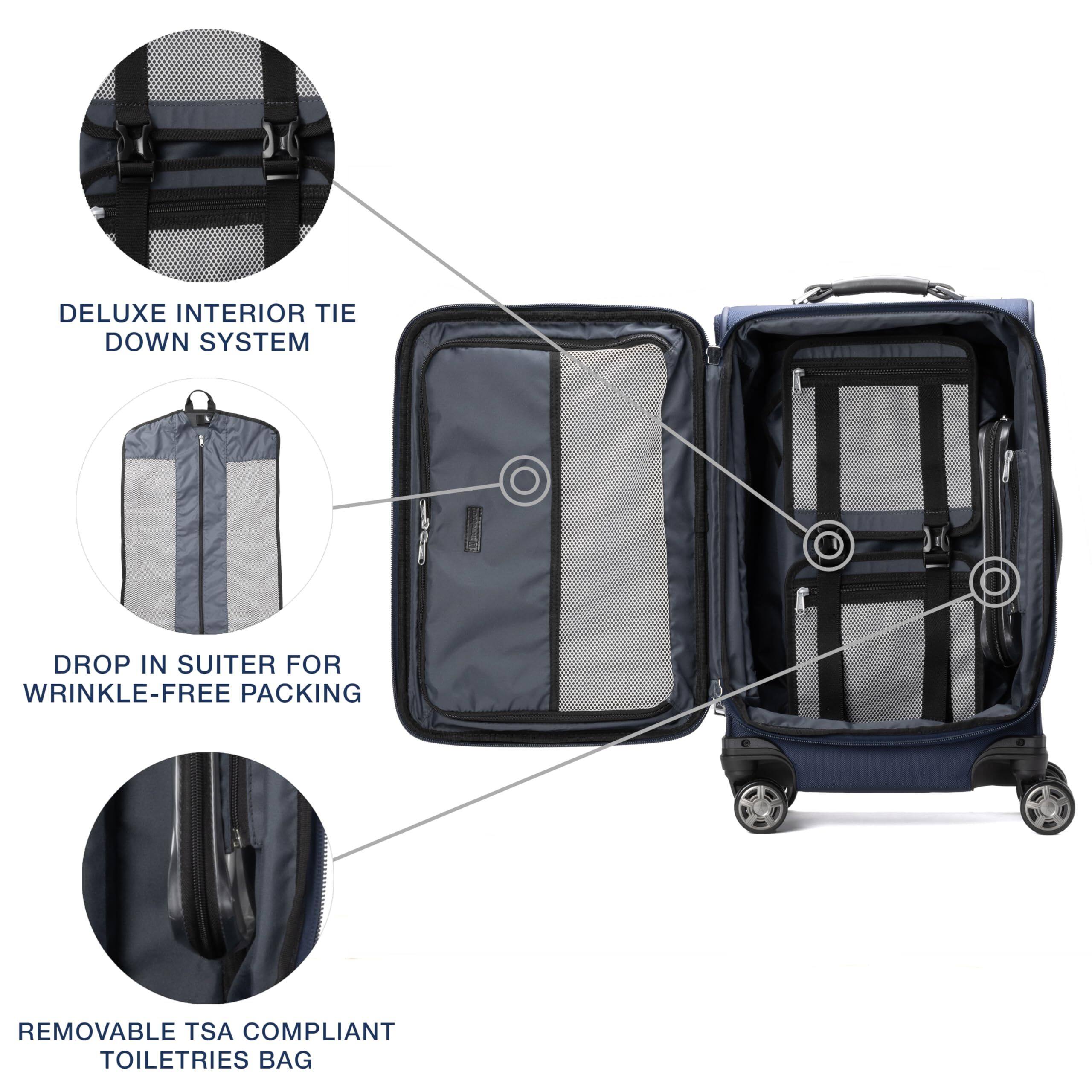 DELUXE INTERIOR TIE DOWN SYSTEM  
DROP IN SUITER FOR WRINKLE-FREE PACKING  
REMOVABLE TSA COMPLIANT TOILETRIES BAG