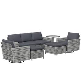 Outsunny - 6 Piece Patio Furniture Set with Rattan 3-seater Sofa, Swivel Rocking Chairs, Footstools, Table - Mixed-Gray