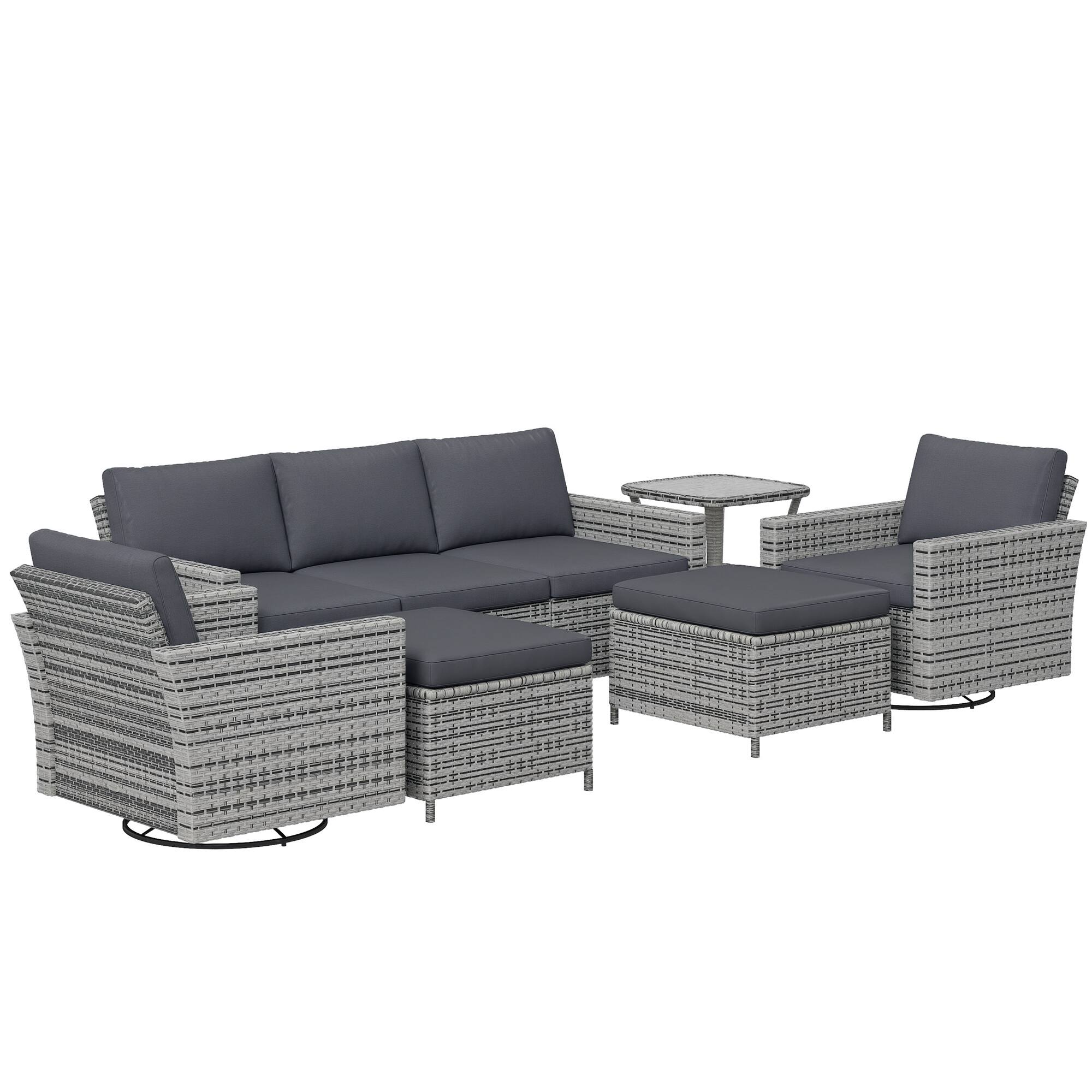 Front. Outsunny - 6 Piece Patio Furniture Set with Rattan 3-seater Sofa, Swivel Rocking Chairs, Footstools, Table - Mixed-Gray.