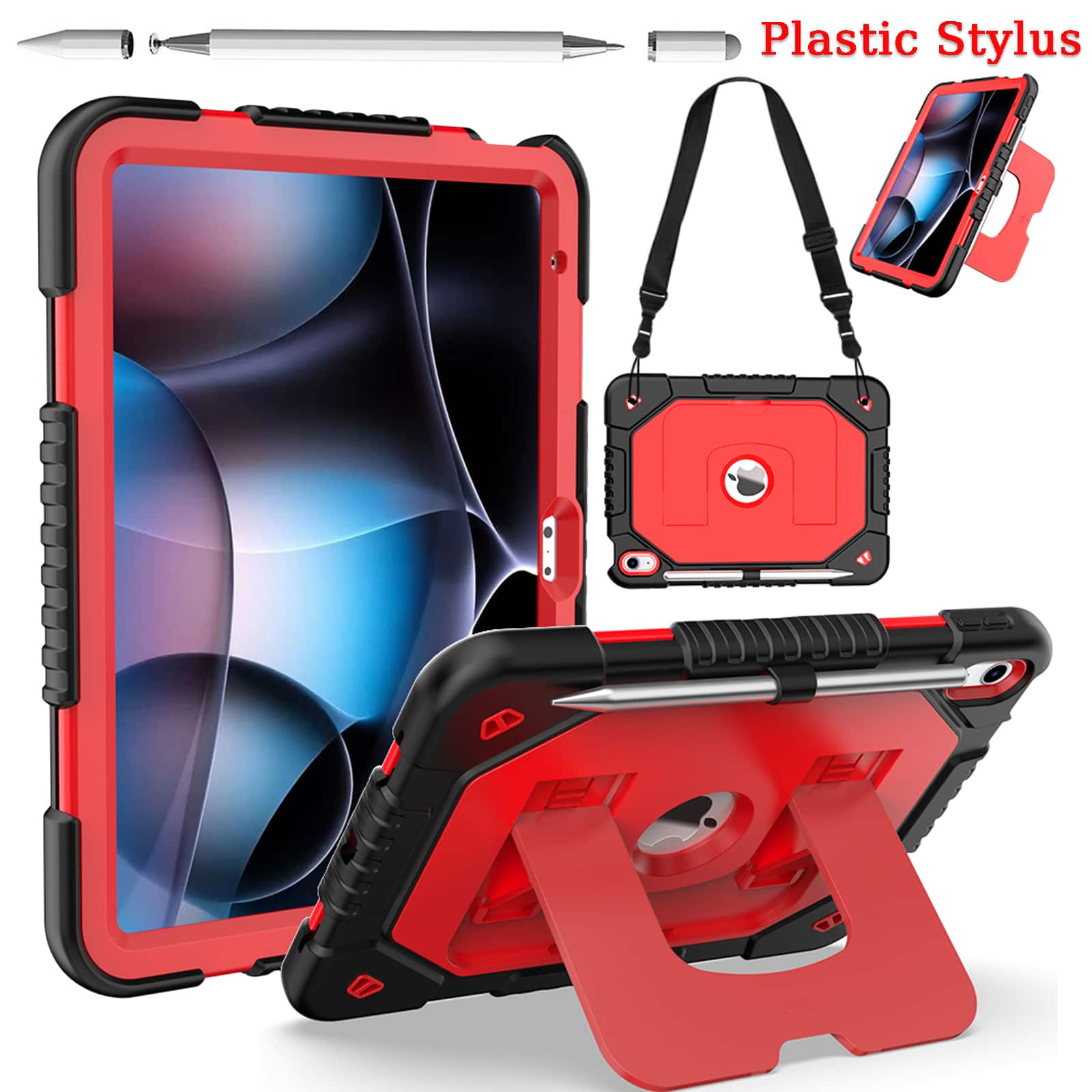 Dteck - Case for Apple iPad (A16) 11" 2025 & iPad 10.9 inch (10th Gen),Shockproof Stand Cover with Shoulder Strap+Plastic Stylus - Red