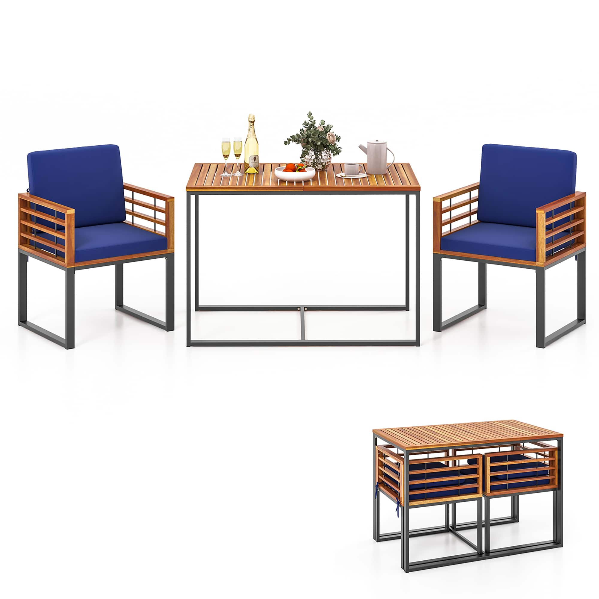 Gymax - 3 Piece Outdoor Dining Set 2 Acacia Wood Armchairs w/ 43.5 Inch Dining Table - Navy Blue