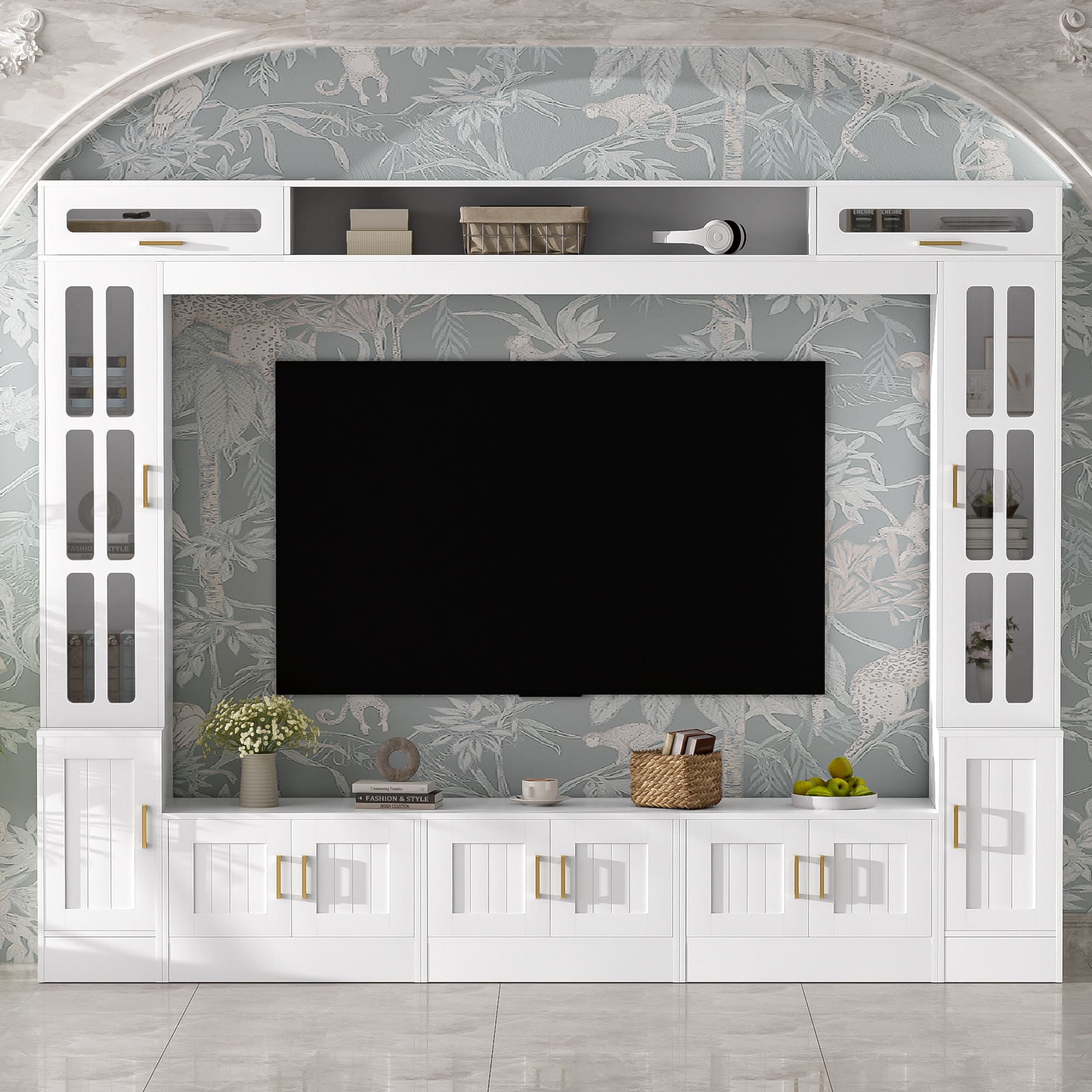 PexFix - Modern Entertainment Center for 80" TVs, Wall Unit with Bookshelves, Glass Door Cabinets & Adjustable Shelves - White