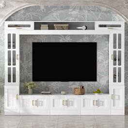 PexFix - Modern Entertainment Center for 80" TVs, Wall Unit with Bookshelves, Glass Door Cabinets & Adjustable Shelves - White