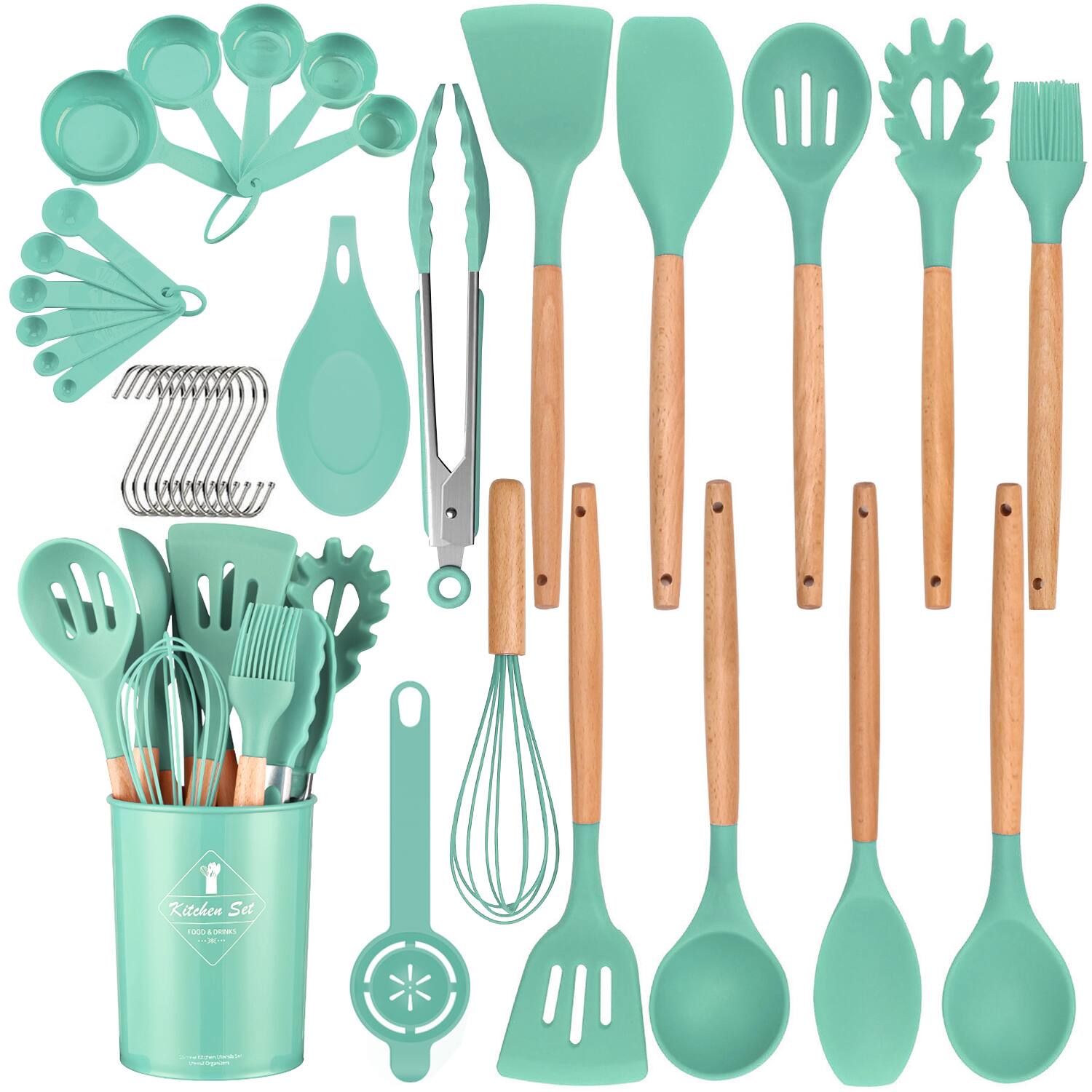 Malletson - 34 pcs Kitchen Utensils Set with Wooden Handles Spatula with Holder and Gadgets(LIGHT GREEN)
